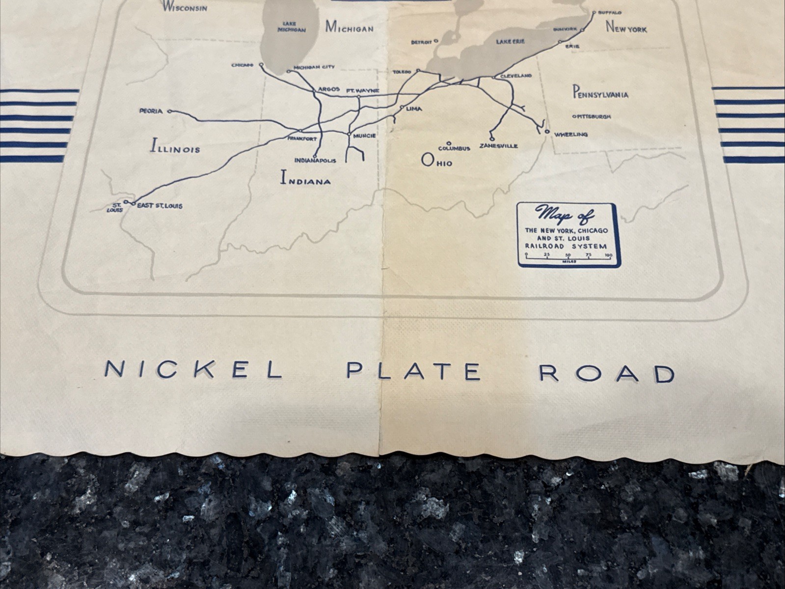 Vintage Nickel Plate Road Railroad System Map Placemat Collectible 1957