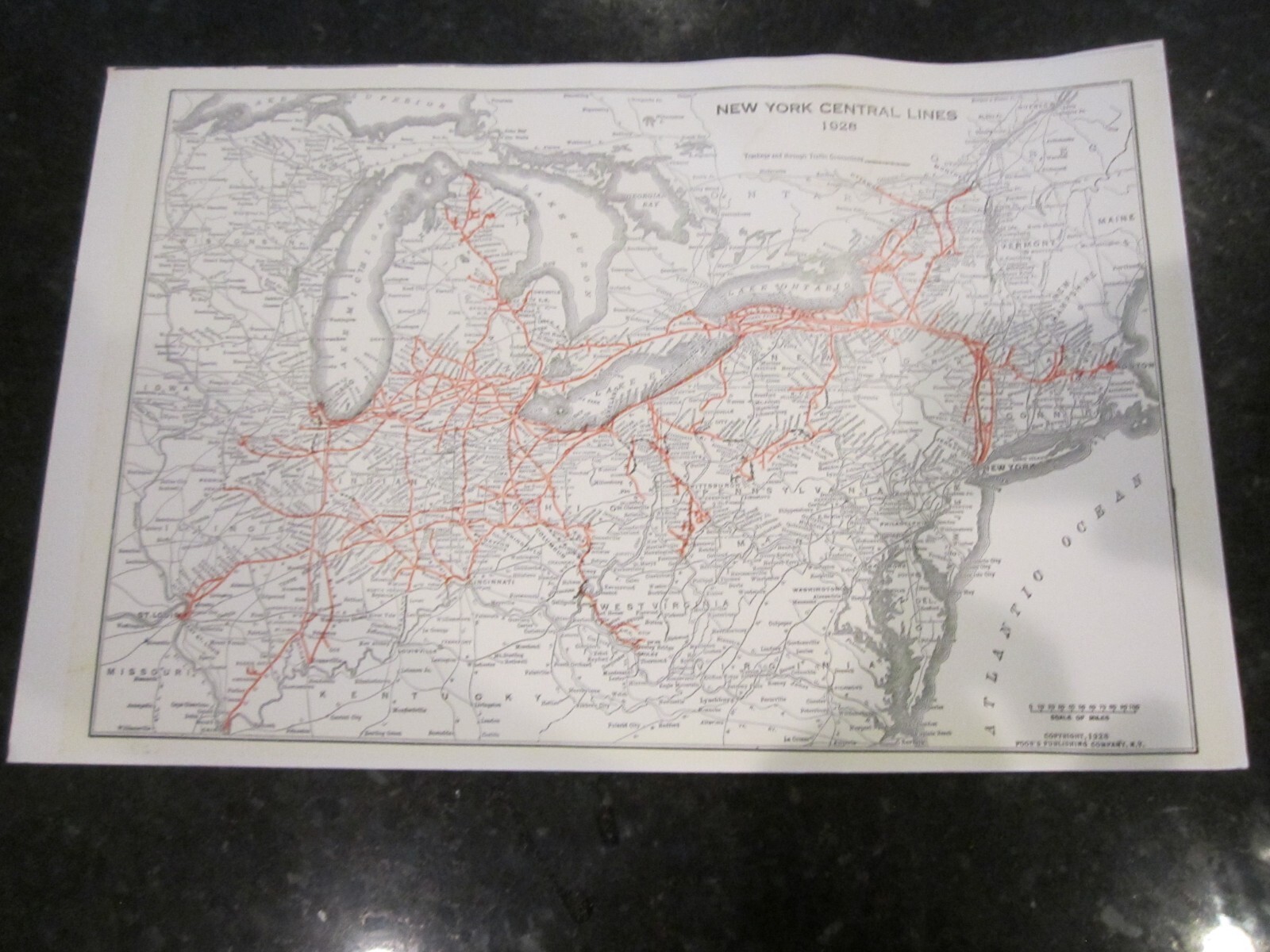 1928 MAP OF NEW YORK CENTRAL LINES RAILWAY – 17″ X 11″ – HEAVY STOCK PAPER