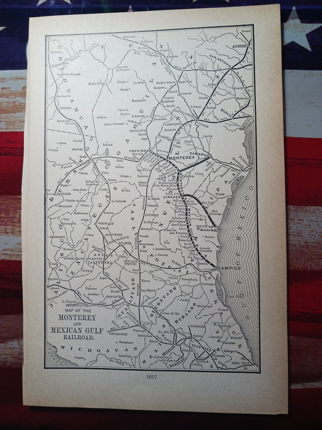 ~ 1895 Train Route Map MONTEREY & MEXICAN GULF RAILROAD Camargo Tampico Mexico
