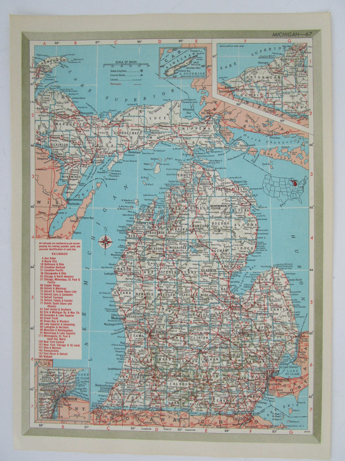 MN MI 1951 MINNESOTA RAILROAD Map DULUTH, SOUTH SHORE, & ATLANTIC RR or MICHIGAN