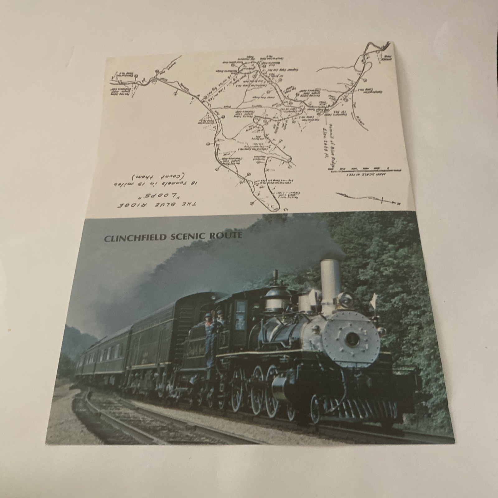 Vintage Paper Image Clinchfield Railroad steam locomotive and route map.