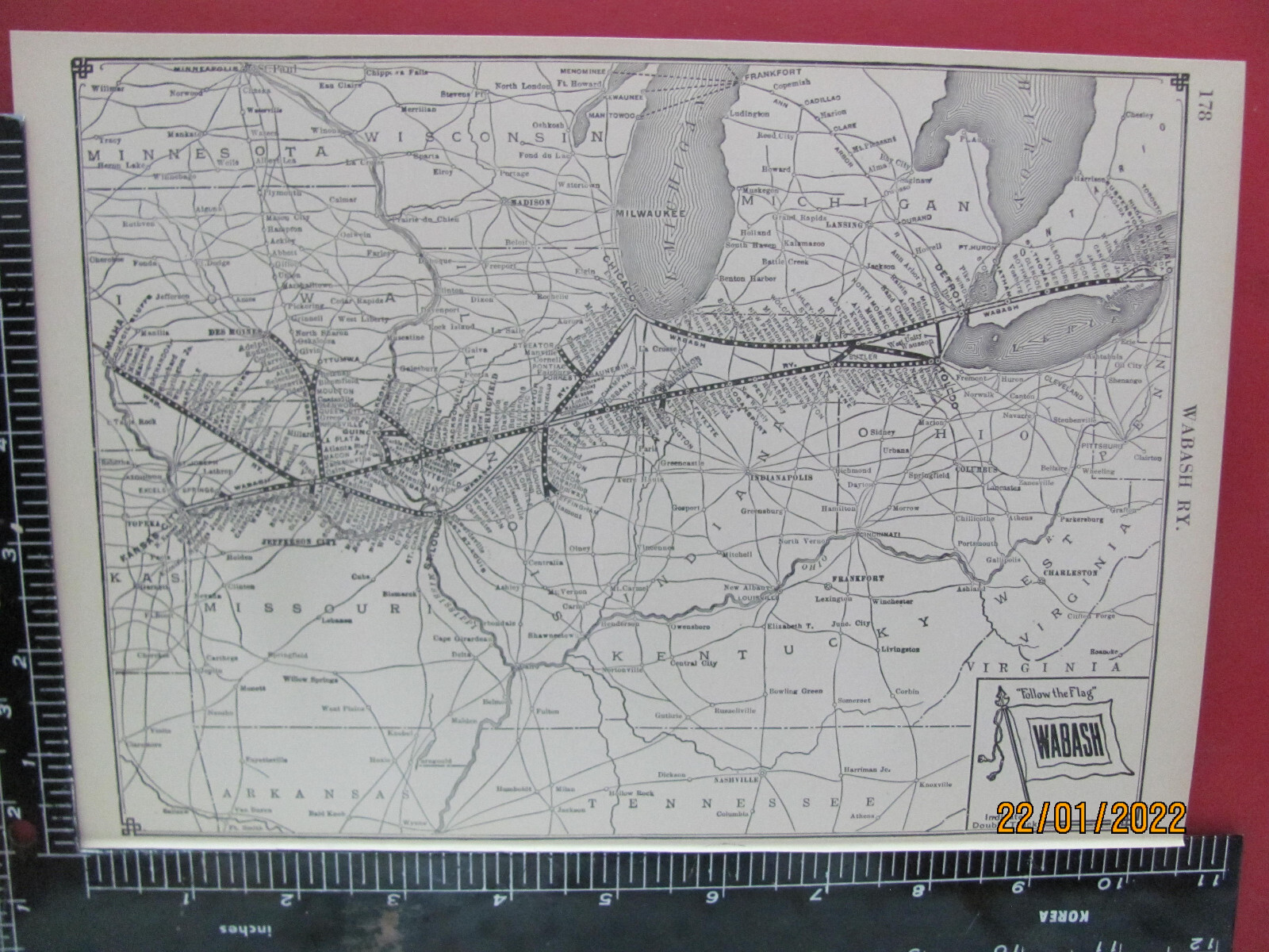 ANTIQUE 1925 WABASH RAILROAD SYSTEM MAP IN IL MO OH MI RR DEPOT HISTORY