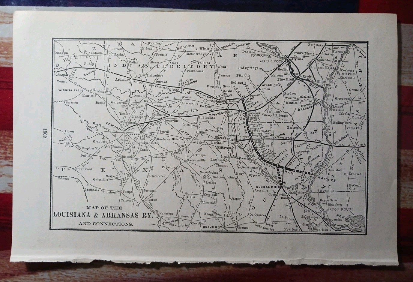 1905 train Route Map LOUISIANA & ARKANSAS RAILWAY Stamps AR Jena LA railroad