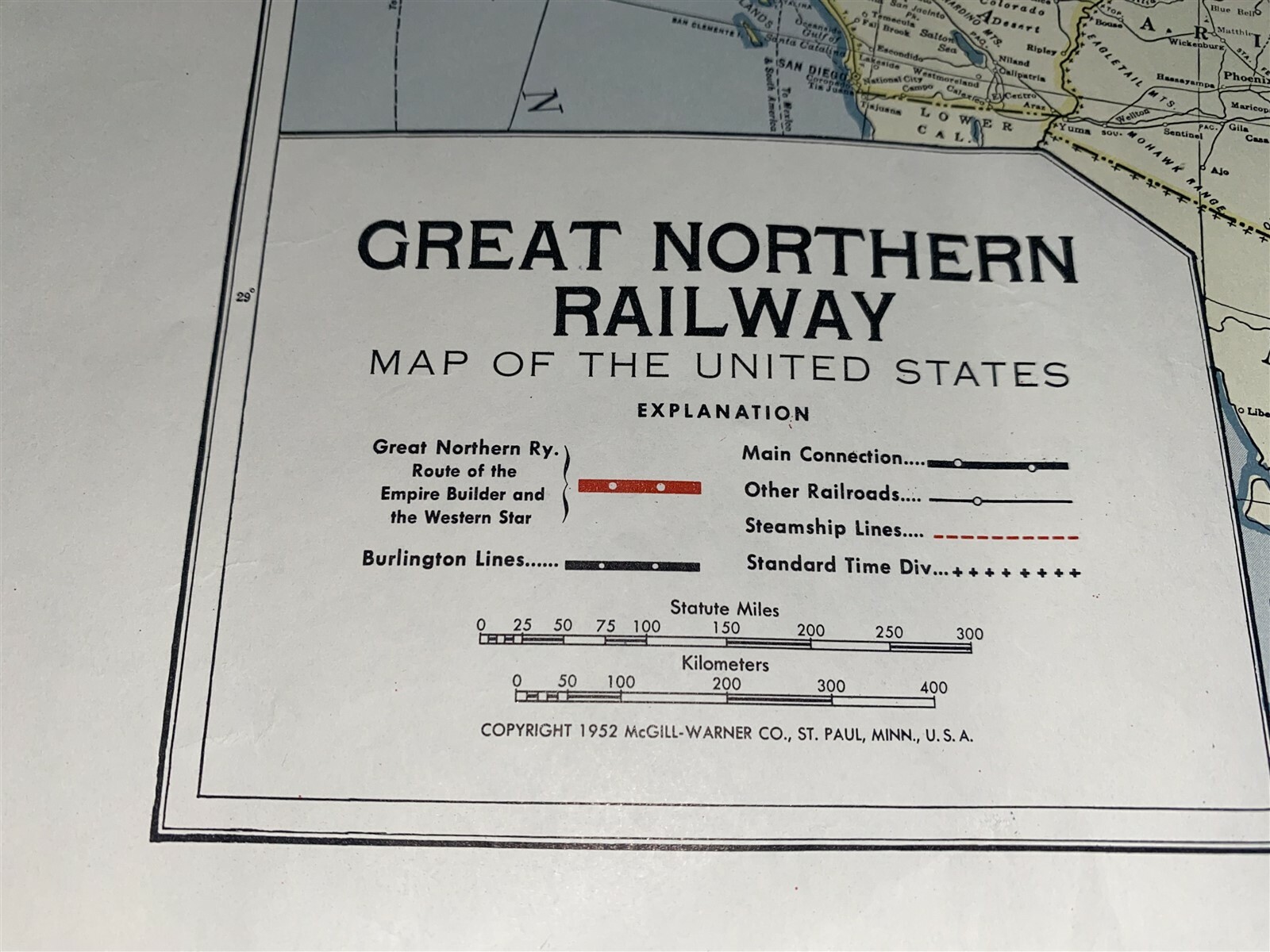 1952 Great Northern Railroad System Route Map US Map 20 1/2″ by 12 1/2″