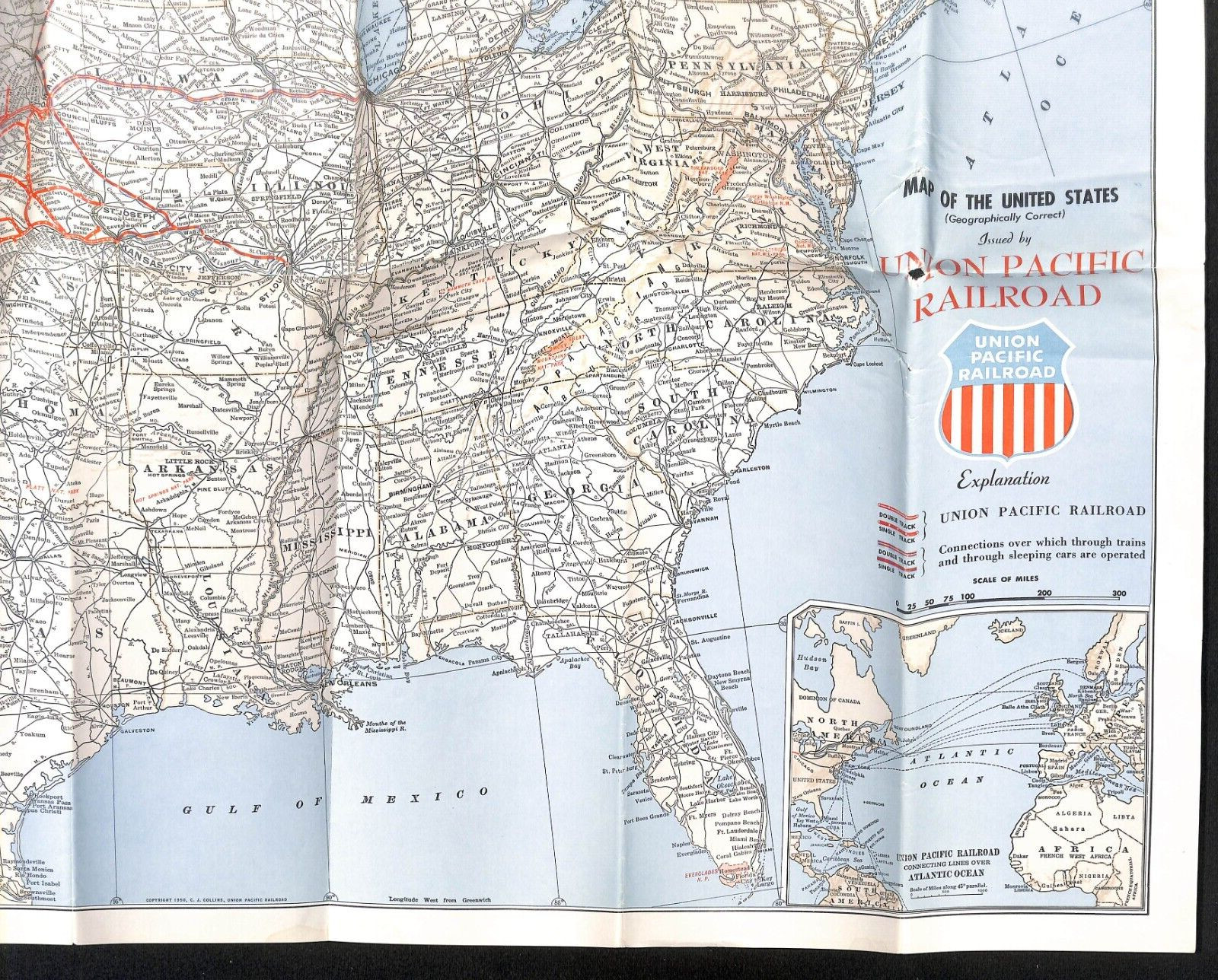Union Pacific Railroad Map of the United States c1952 19″ x 30″