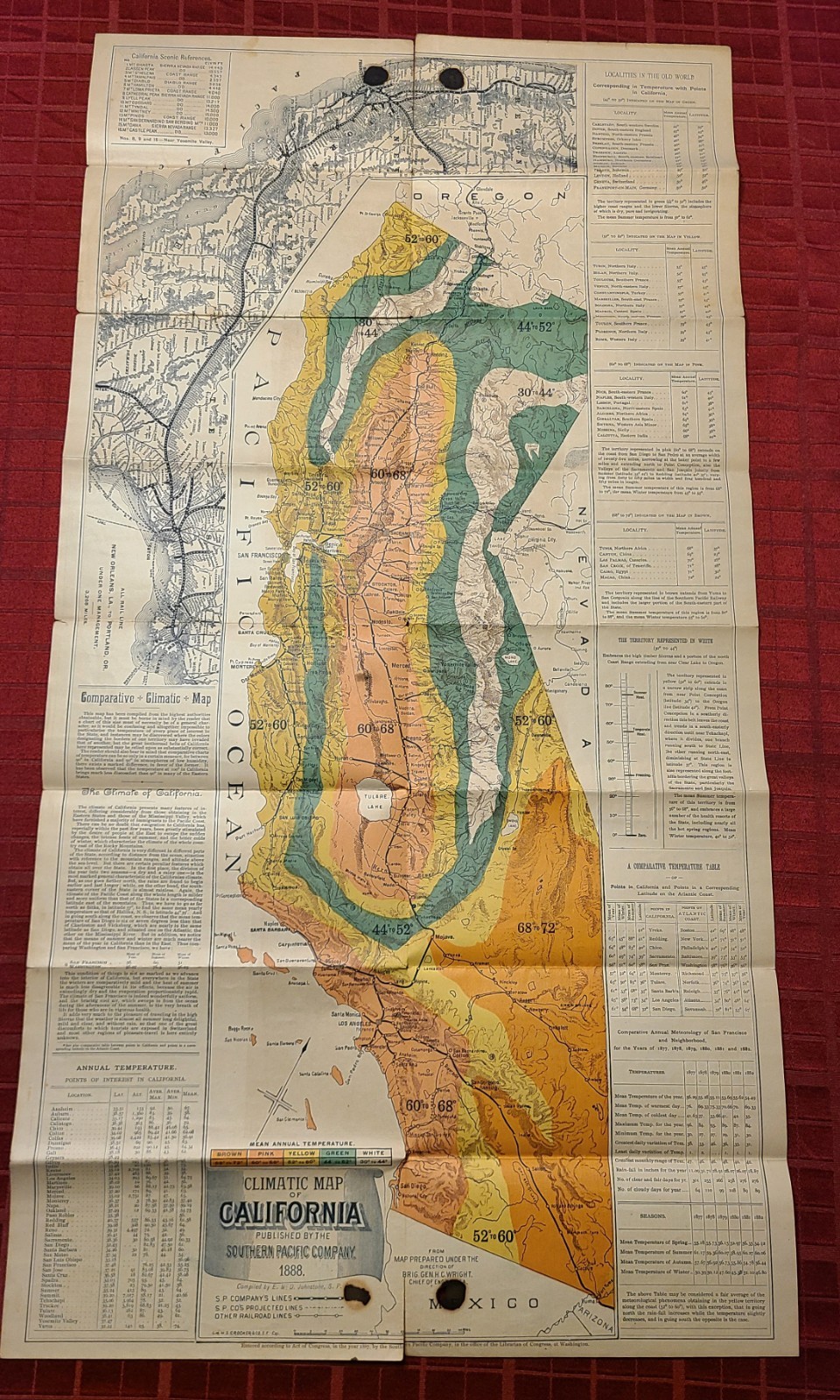 SOUTHERN PACIFIC CO. CLIMATIC MAP CALIFORNIA 1888 SUNSET ROUTE VINTAGE RAILROAD