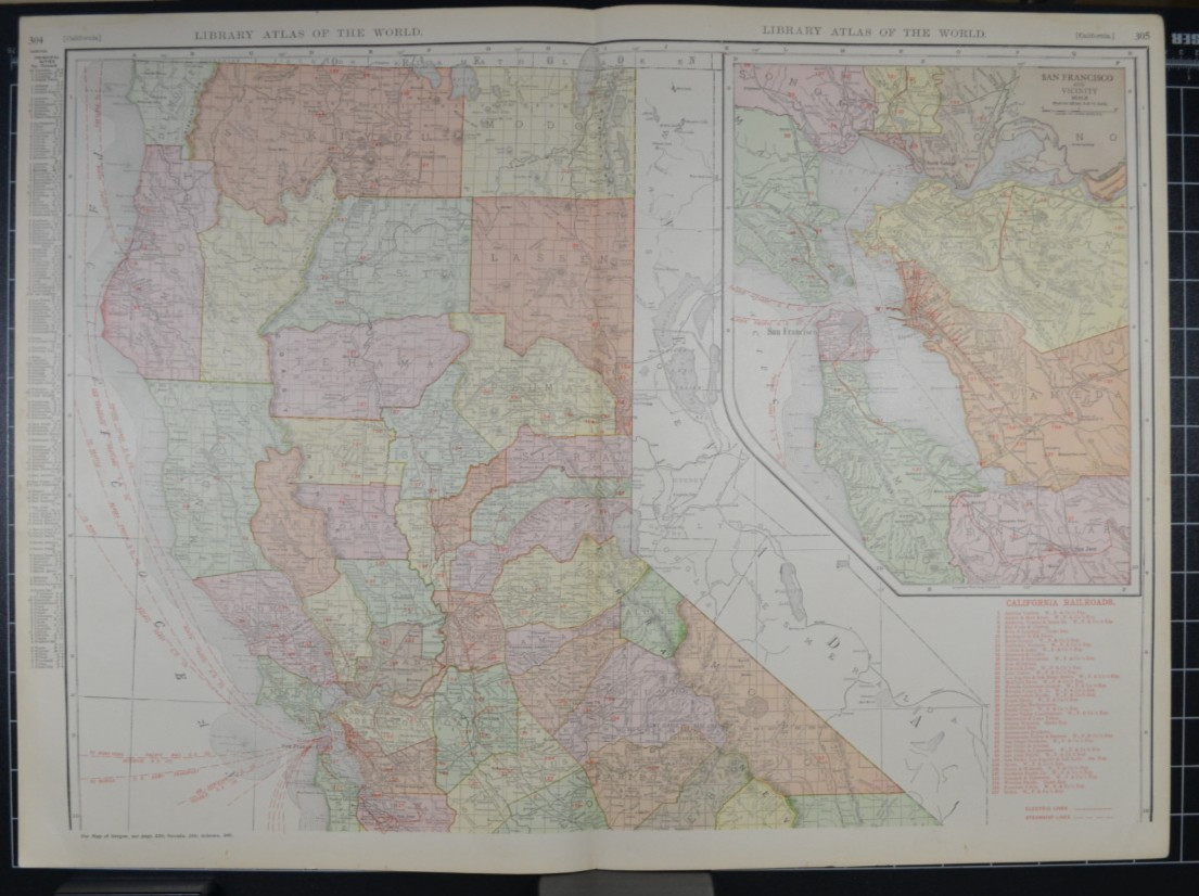 CALIFORNIA – NORTH – 1912 – RAND-McNALLY NEW COMMERCIAL ATLAS – SHOWS RAILROADS