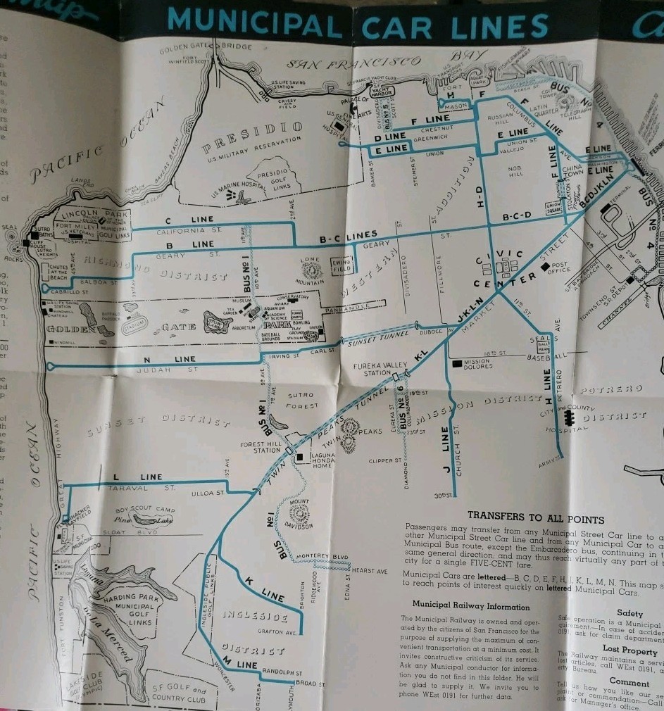San Francisco Municipal Railway Schedule & Map Cars and Owls Service late 1930s