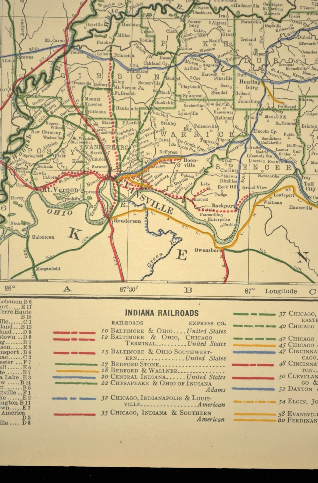 1914 Antique Map of INDIANA Railroads Map ORIGINAL Atlas Map CCC & St L Ry DATED