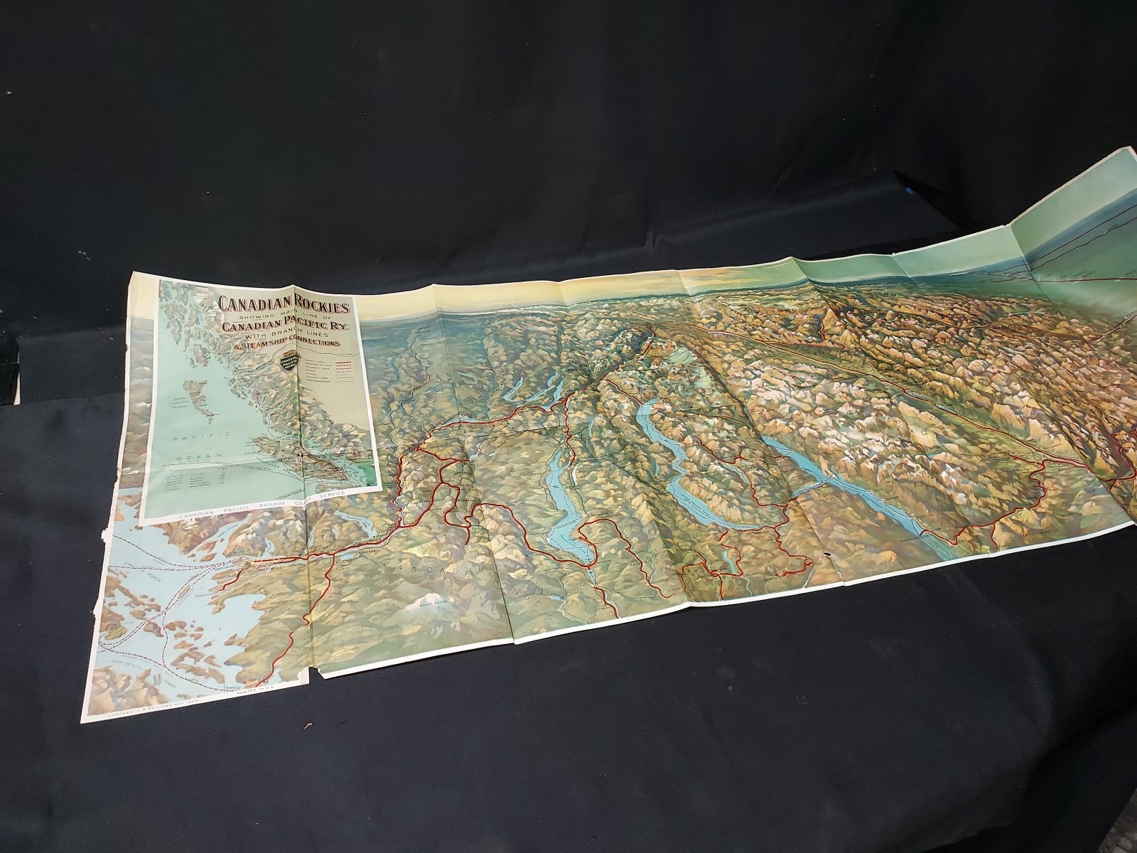 1923 Canadian Rockies Pacific Railway & Steamship Connection Map CPRY 46×17