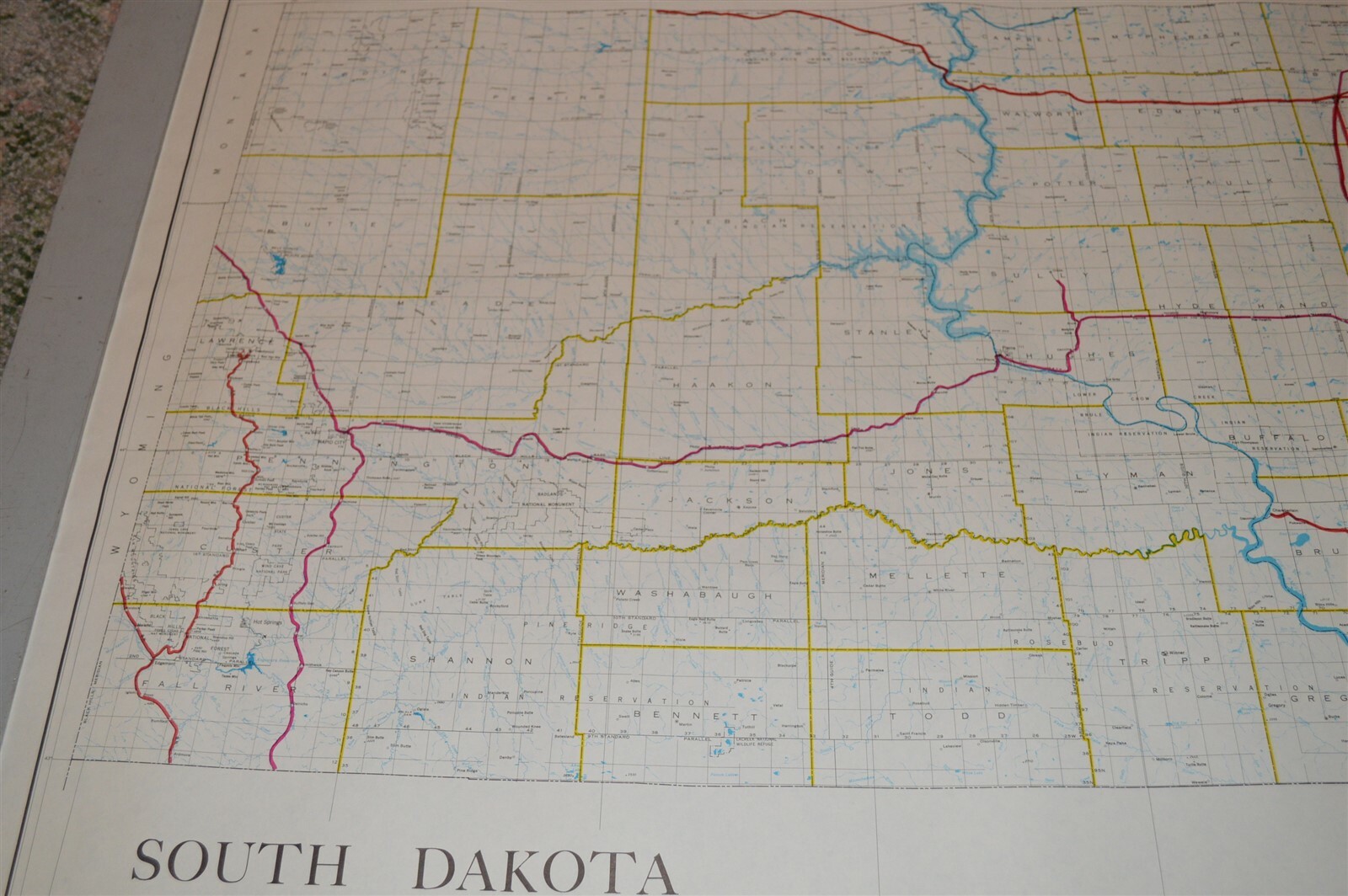 Large 1970’s Burlington Northern Railroad South Dakota Map Poster NO FOLDS