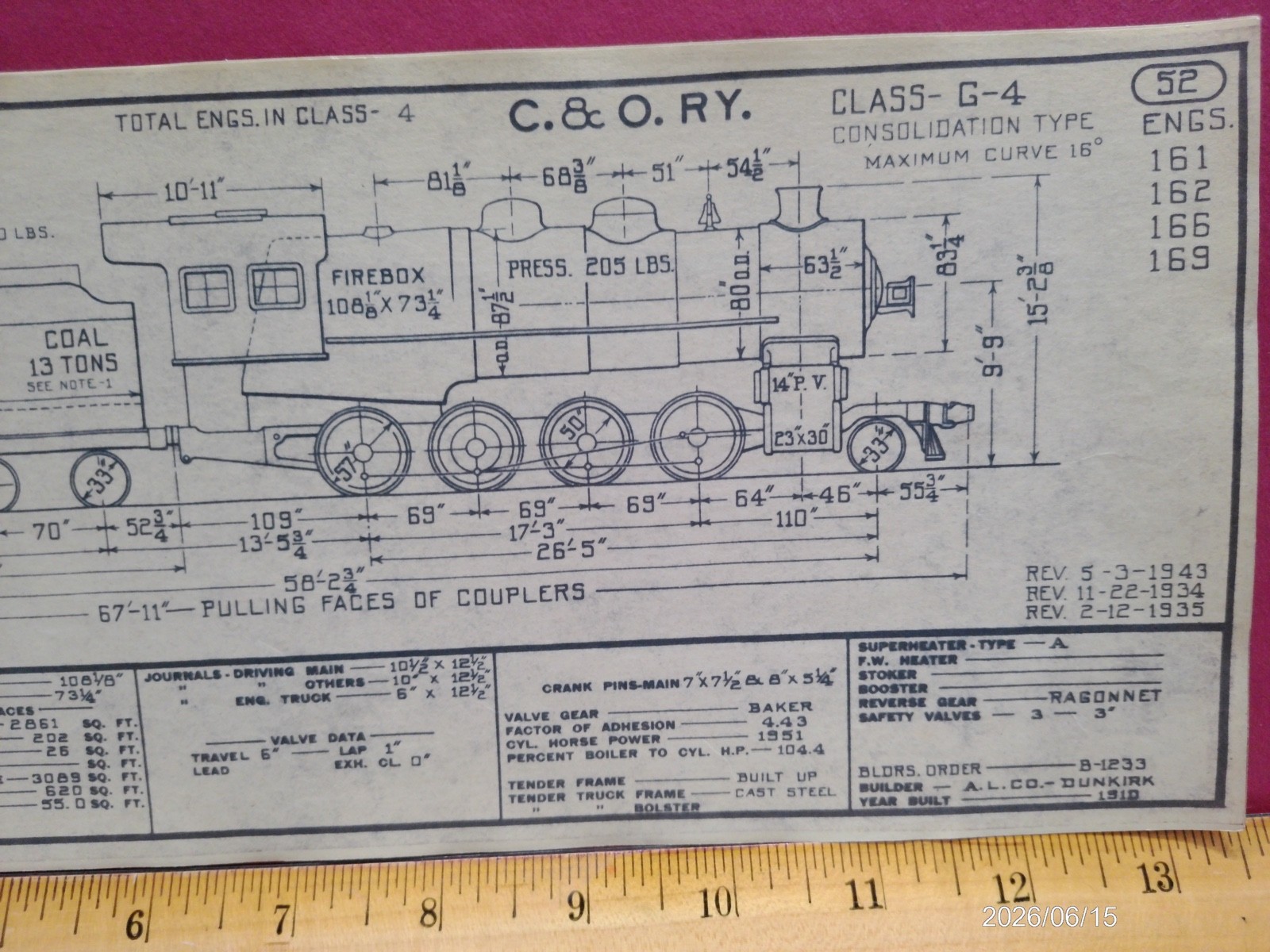 CHESAPEAKE & OHIO RAILROAD ORIG PRINTED DIAGRAM CLASS G-4 LOCOMOTIVE #161-169