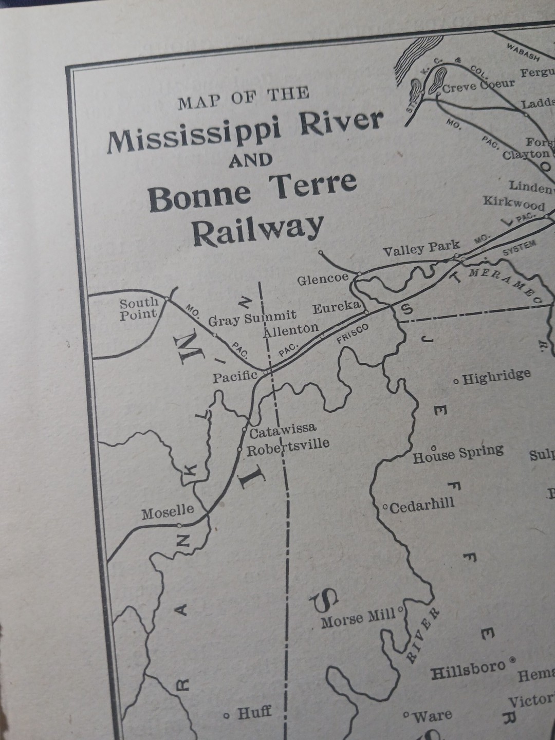 ~1910 Antique Train Map MISSISSIPPI & BONNE TERRE RAILWAY rare Missouri Railroad