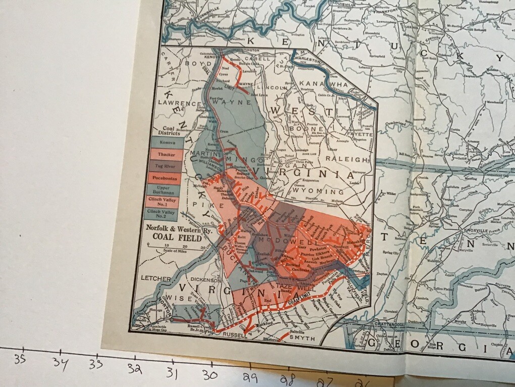 vintage railroad map: 33×22″ NORFOLD & WESTERN Railway dec 31, 1952