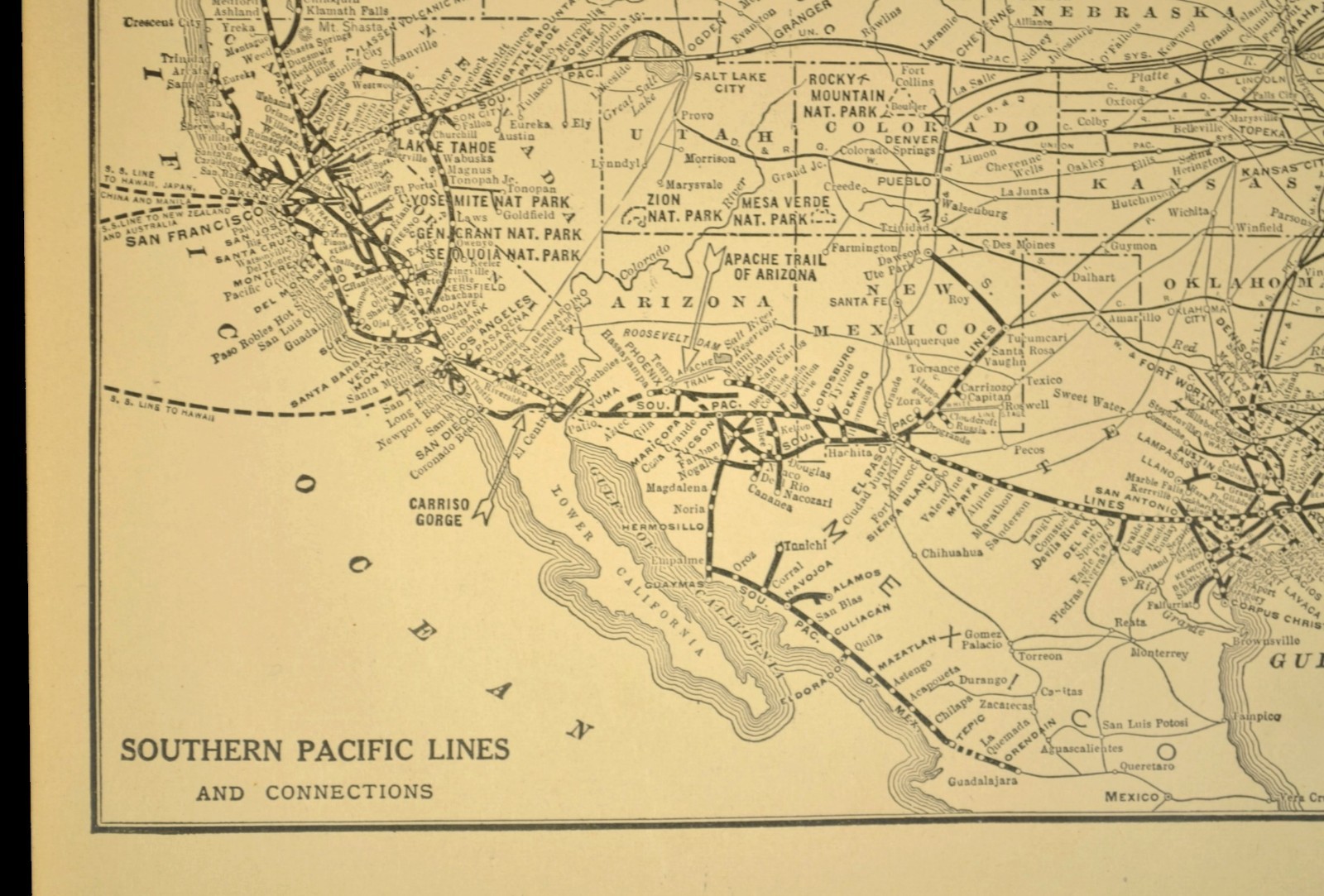 Vintage SOUTHERN PACIFIC Railroad Map Railway Antique 1920s National Parks