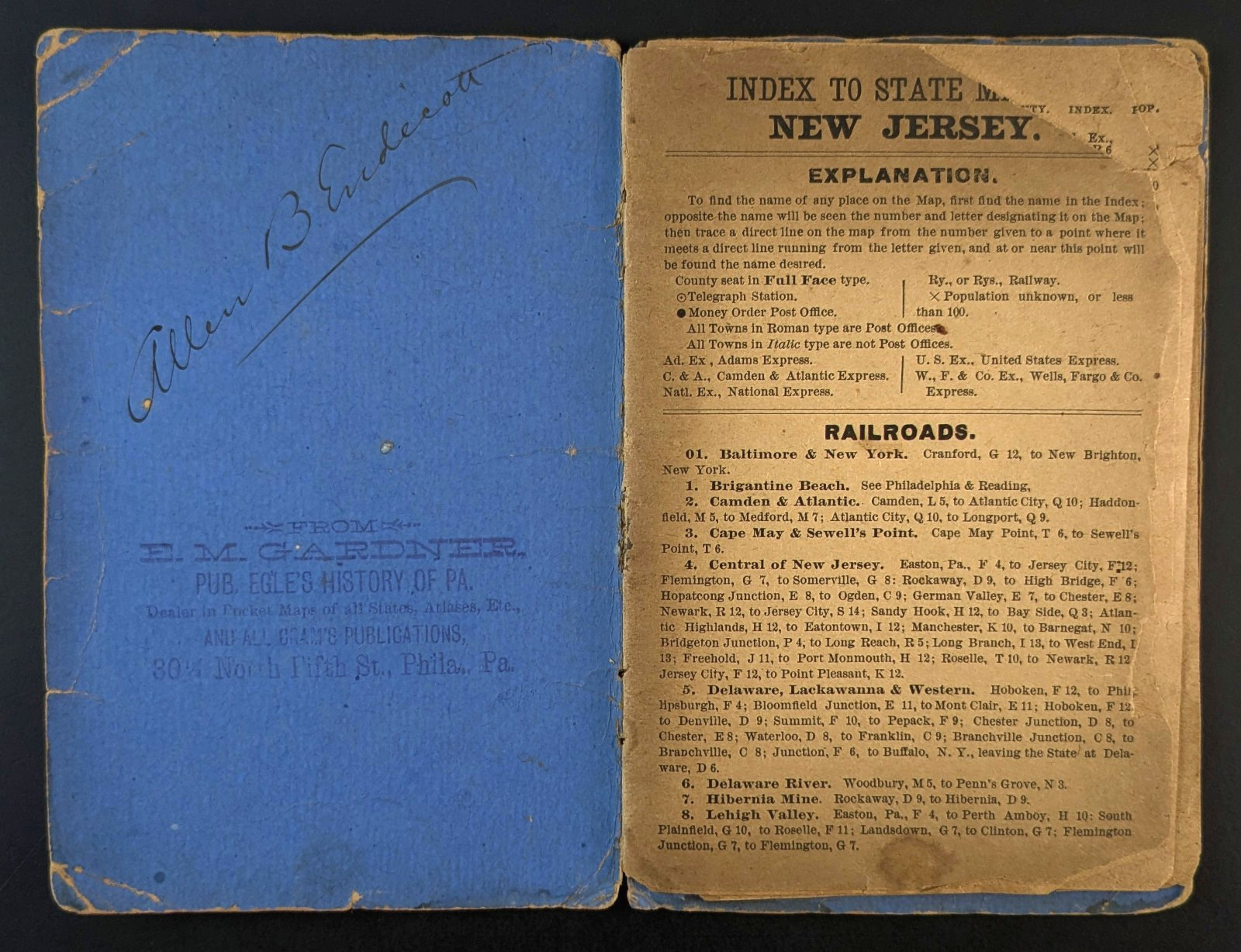 Cram’s Township And Railroad Map of New Jersey George F Cram Pocket Folder 1891