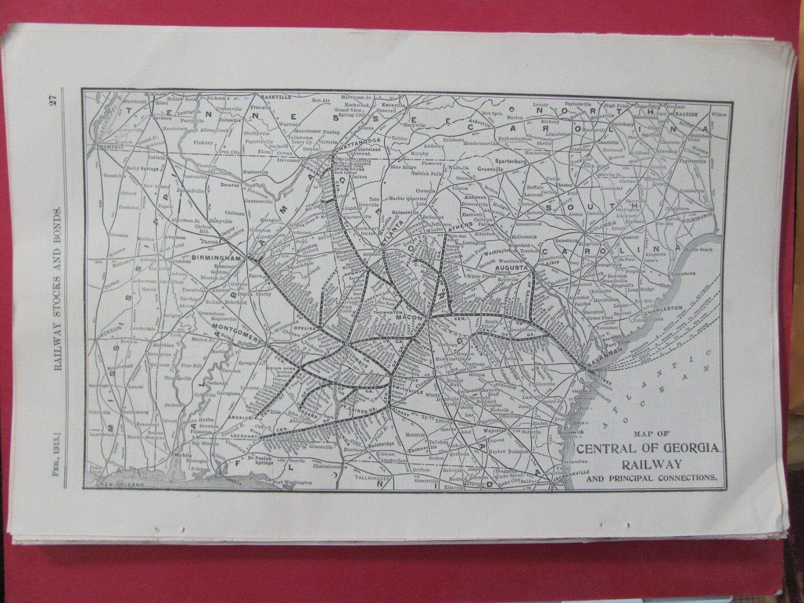 1913 CENTRAL RAILWAY of GEORGIA ORIGINAL SYSTEM MAP ROUTES STATIONS HISTORY
