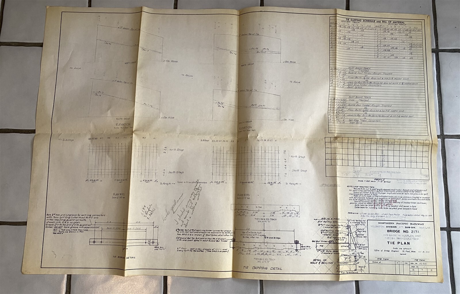 1954 Blueprint Drawing Northern Pacific Railroad Tie Paln Bridge Huntley Montana