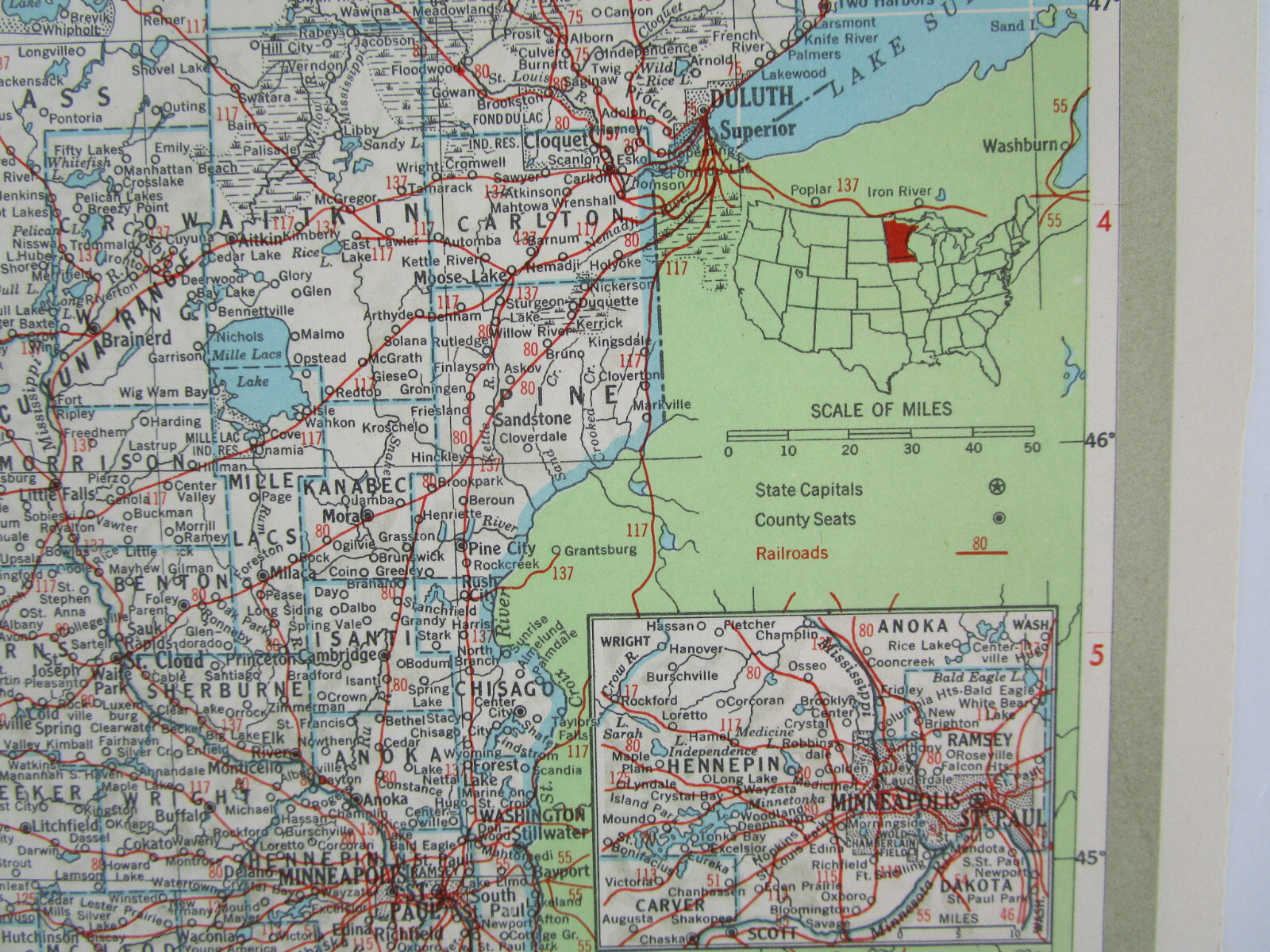 MN MI 1951 MINNESOTA RAILROAD Map DULUTH, SOUTH SHORE, & ATLANTIC RR or MICHIGAN