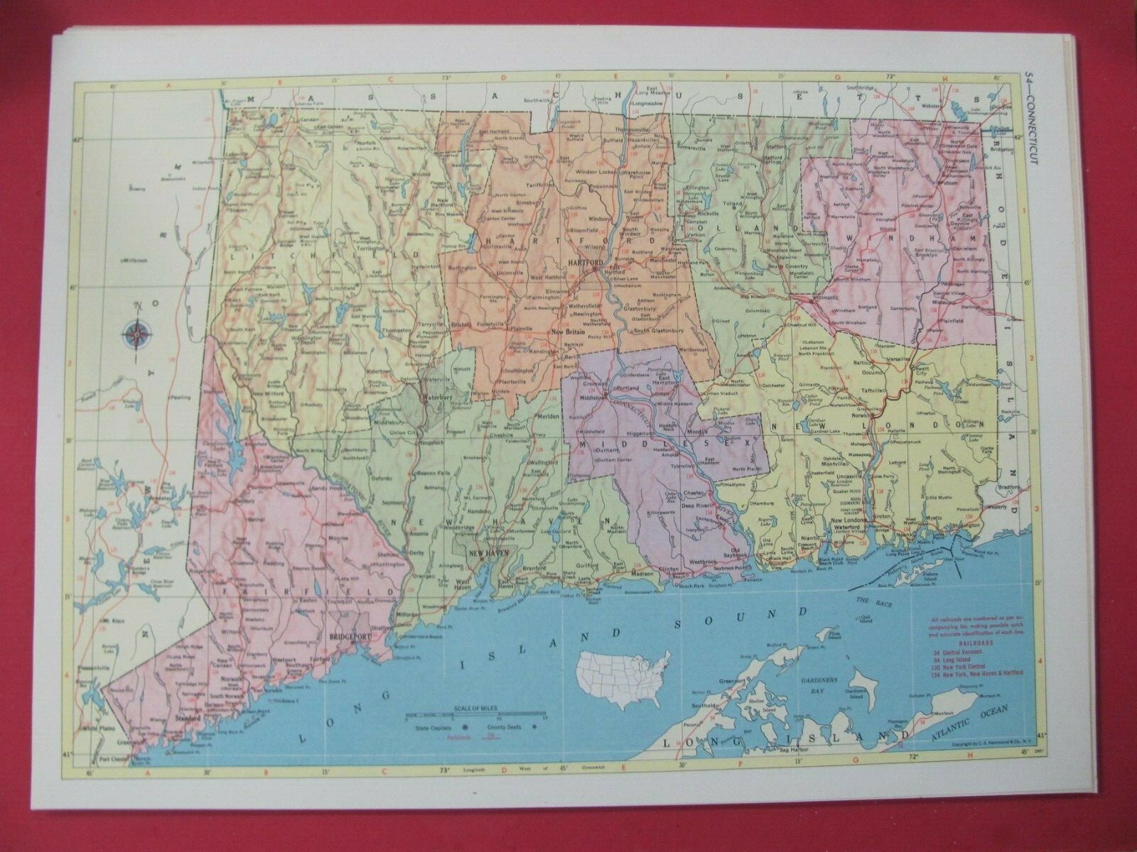 VINTAGE 1953 CONNECTICUT RR RAILROAD MAP SHOWS & LIST ALL CT RR’s GENEOLOGY TOOL