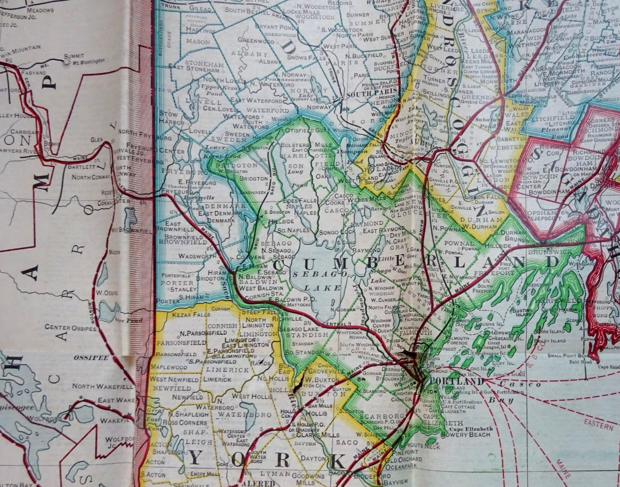 BIG GEO ORAM WALL MAP OF RAILROADS MAINE 41″ x 30″ PRINTED 1909 BY COMMISSIONERS