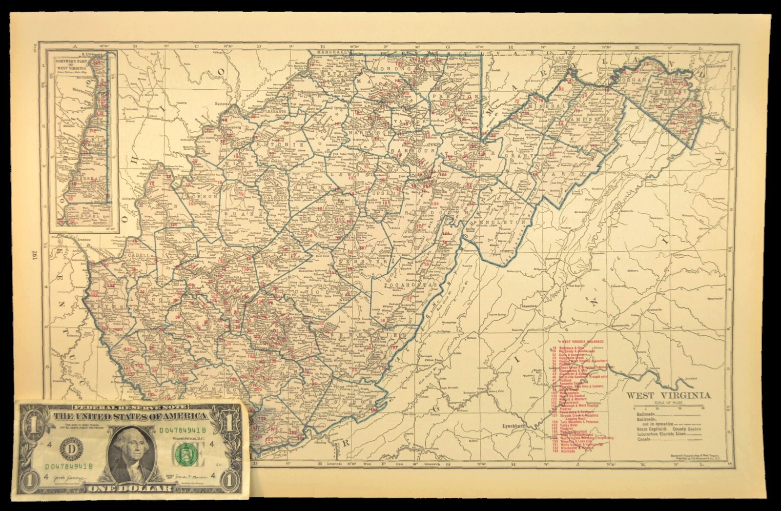 Vintage Map of WEST VIRGINIA Railroad Map LARGE B&O RR Clarksburg Antique