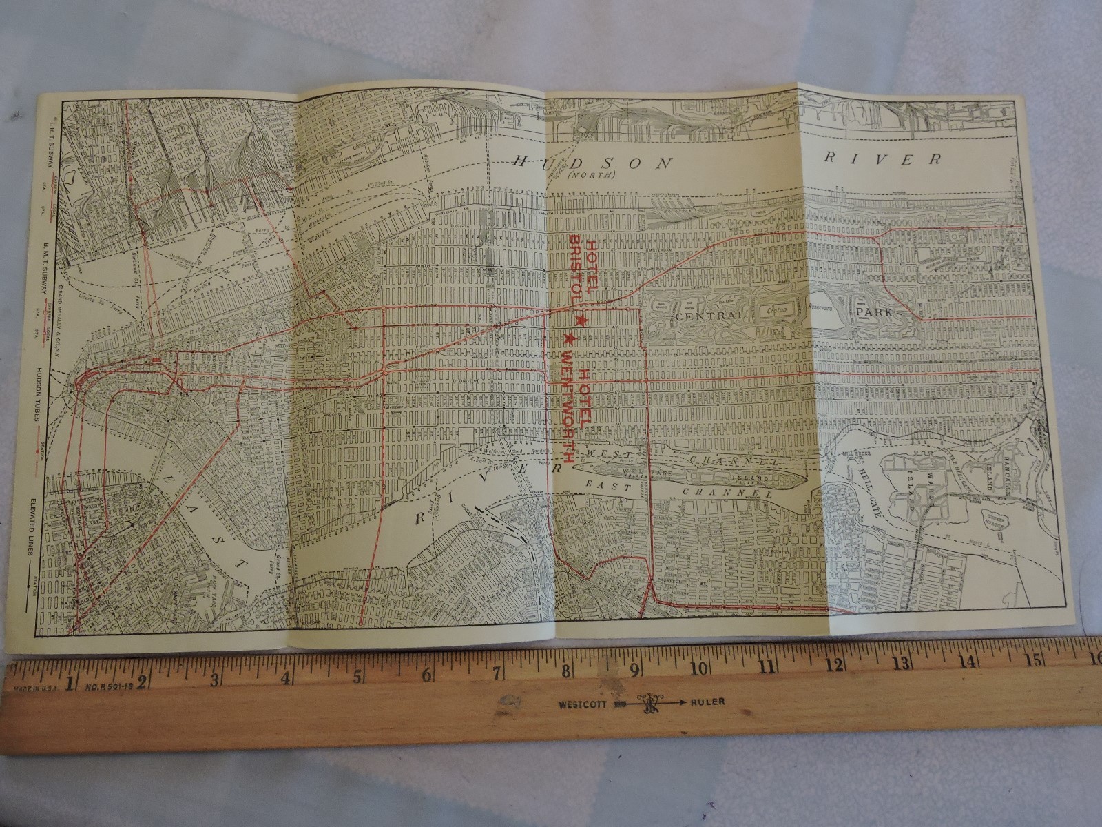 Rare 1929 New York City NYC Hotel Bristol Railroad 8.5×16 Map Subway Transit