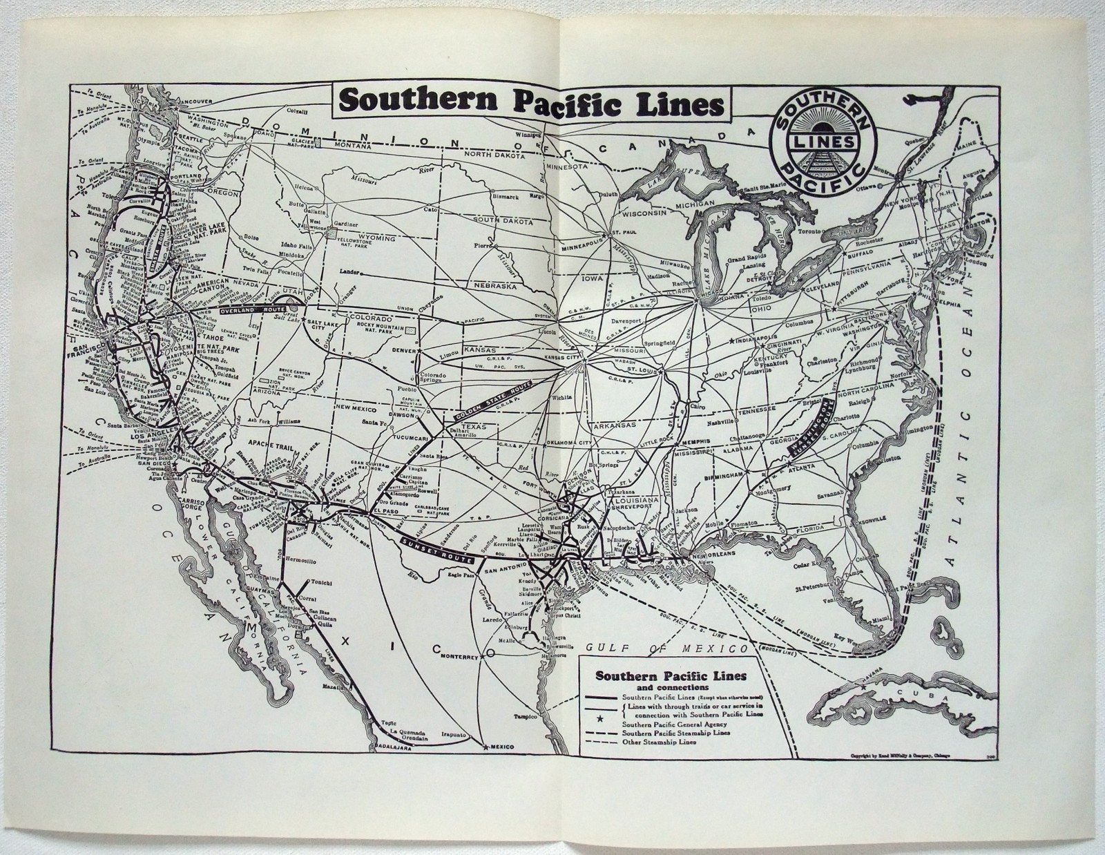 Southern Pacific Railroad – Original 1941 System Map. Antique Railway