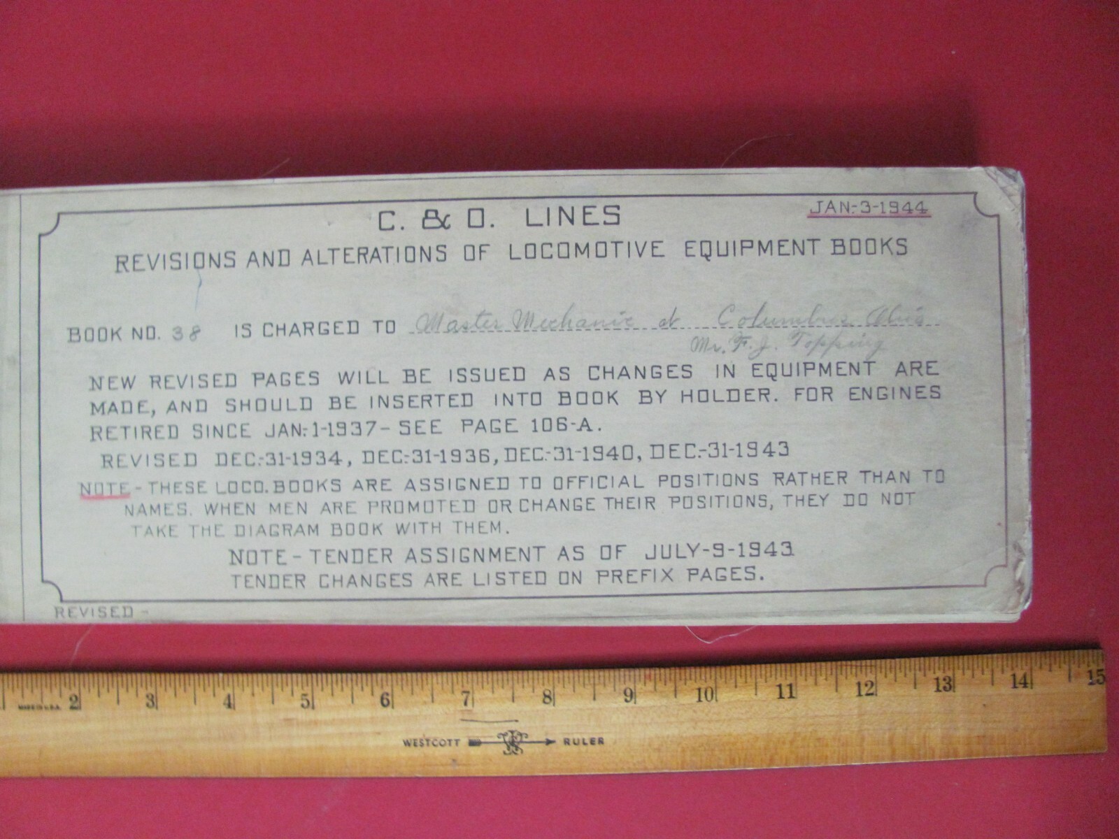 CHESAPEAKE & OHIO RAILROAD ORIG PRINTED DIAGRAM CLASS A-16 LOCOMOTIVES #278 #289