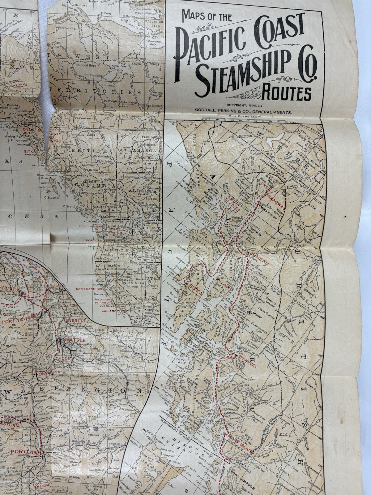1898 Pacific Coast Steamship Route Map Alaska Klondike (Original, Worn)