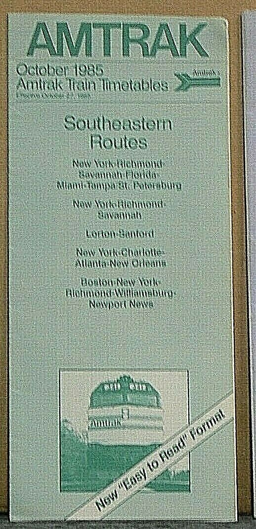 October 1985 AMTRAK Train Timetables Southeastern Routes