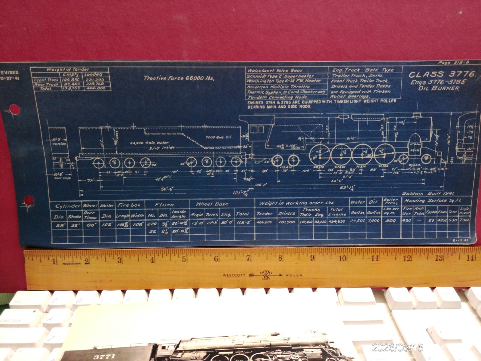 AT&SF RAILROAD ORIG BLUEPRINT DATA DIAGRAM BUILDERS PHOTO 4-8-4 LOCOMOTIVE #3751