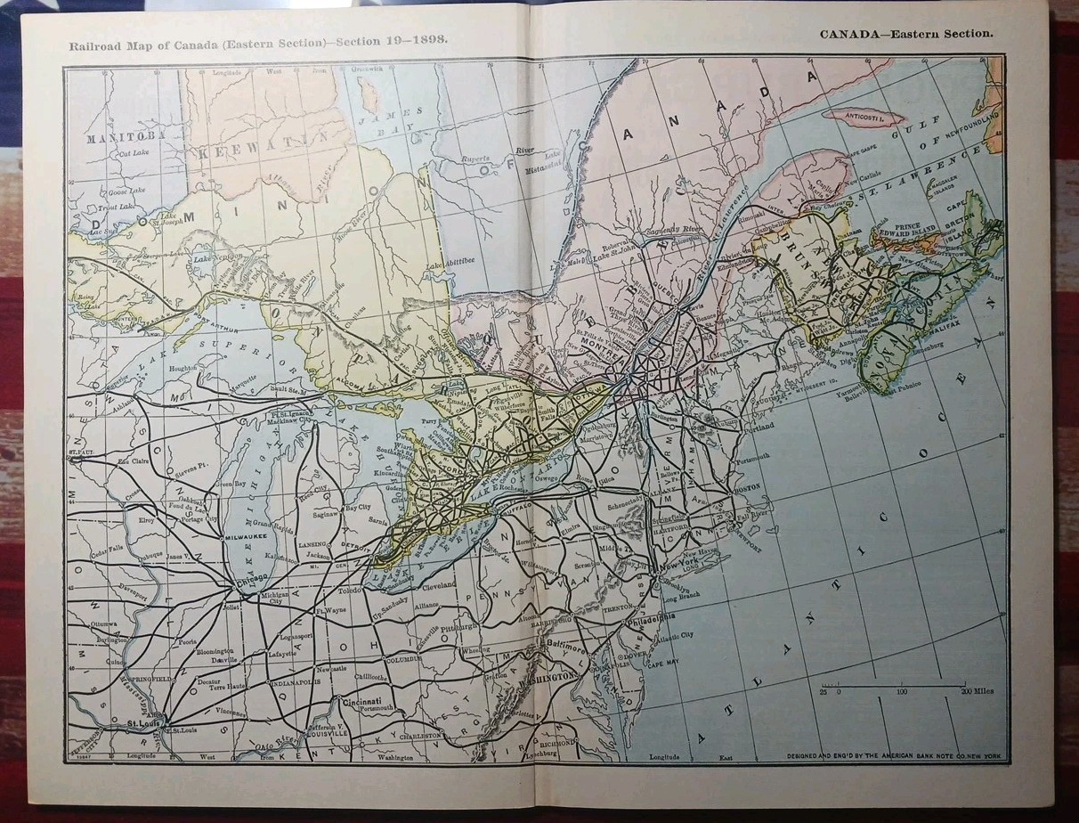 ~1898 ANTIQUE Railroad Map EASTERN CANADA Train Route Stations 9″x 11″