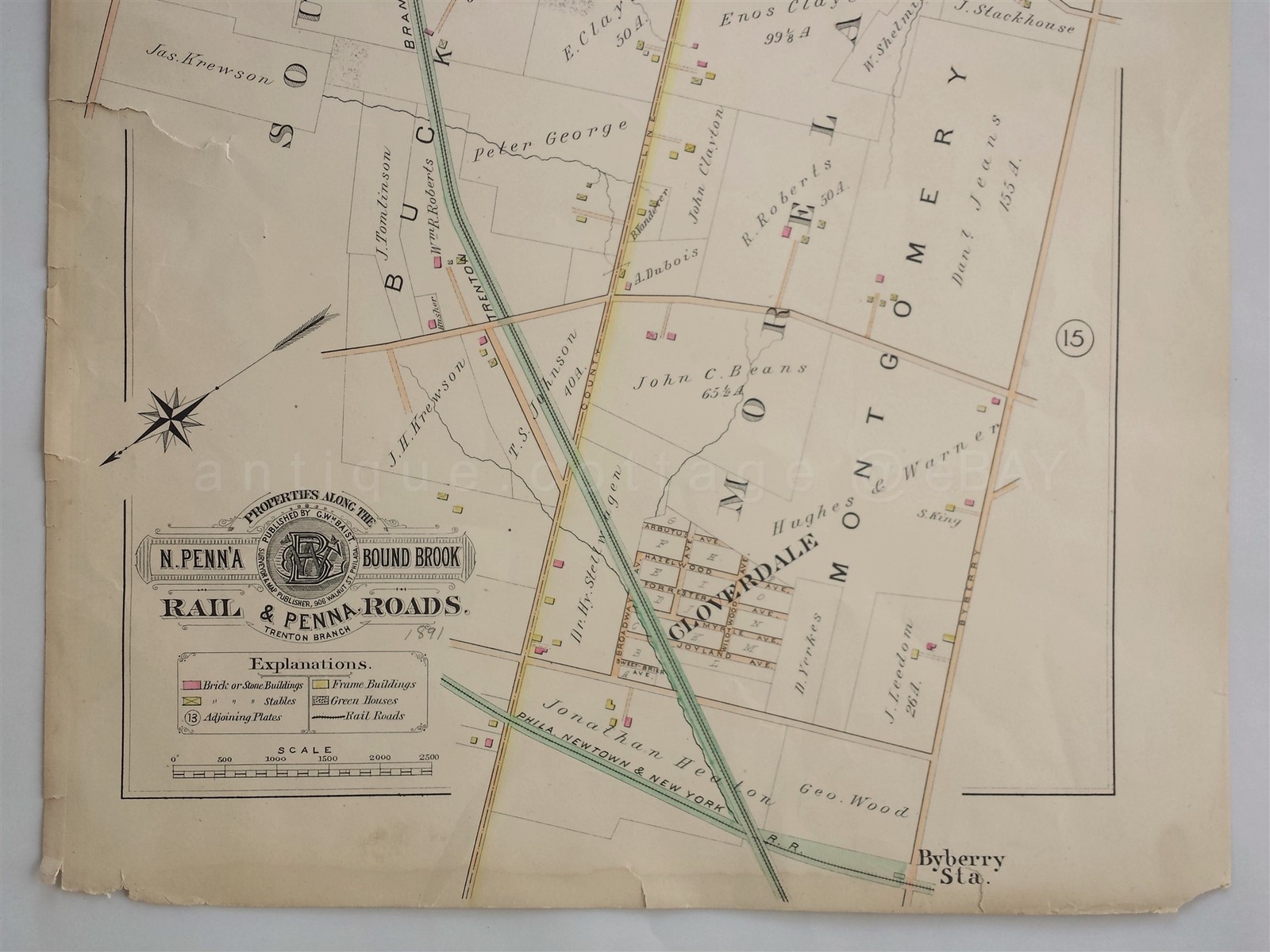 1890s antique PA BOUND BROOK RAILROAD MAP trenton div PHILA NEWTOWN NY RR PLATT