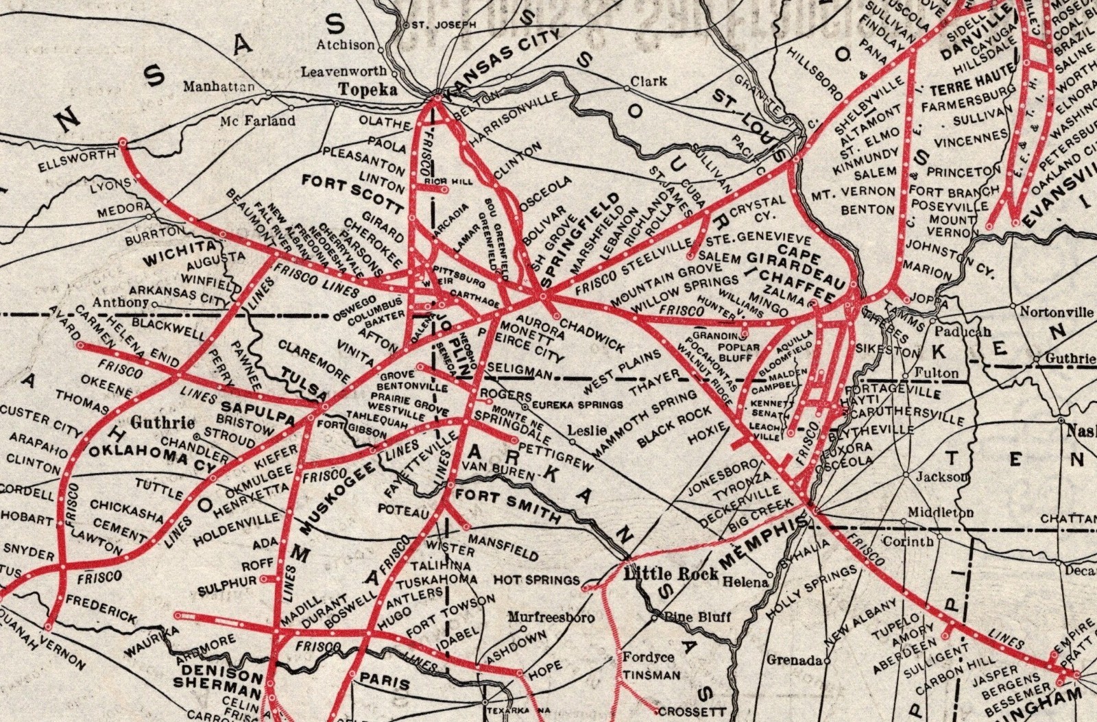 1910 Antique St Louis & San Francisco Railroad Map Railway Map 2651