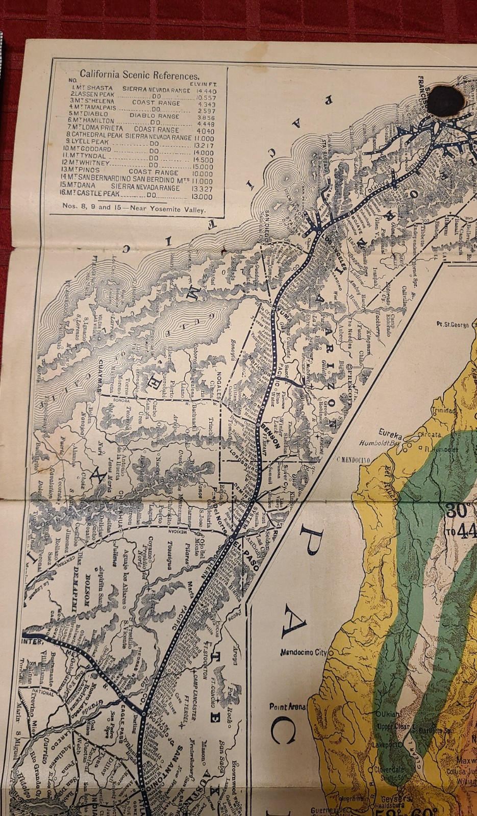 SOUTHERN PACIFIC CO. CLIMATIC MAP CALIFORNIA 1888 SUNSET ROUTE VINTAGE RAILROAD