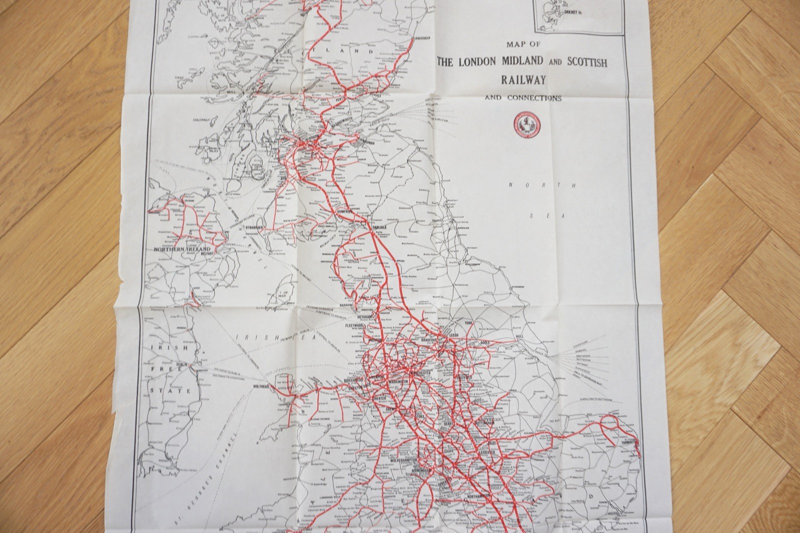 1932 LMS Large Railway Map 91cm x 57cm