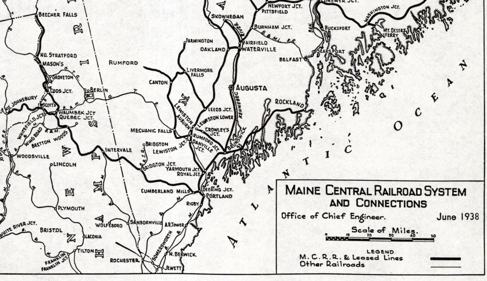 1938 Antique Maine Central Railroad System Map Vintage Railway Map 2646