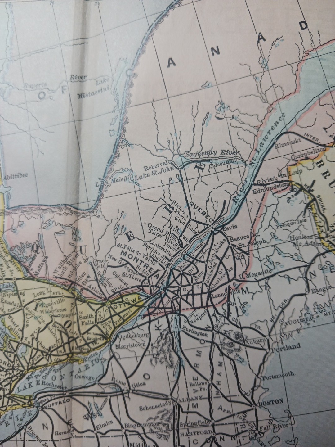 ~1898 ANTIQUE Railroad Map EASTERN CANADA Train Route Stations 9″x 11″