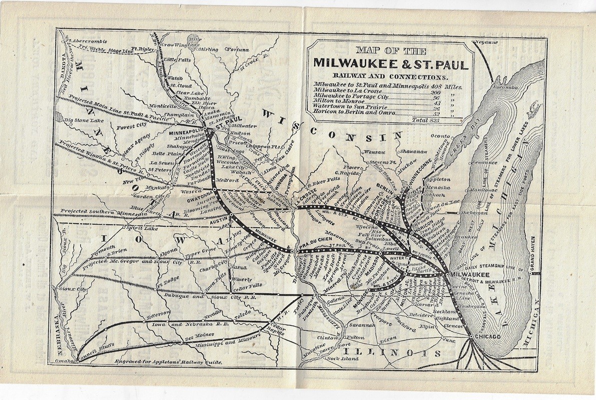 map, Milwaukee and St. Paul Railway, Minnesota, Northern Iowa, railroads, trains
