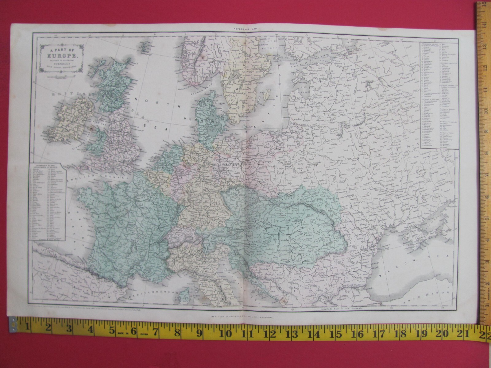 1856 EASTERN EUROPE BRITISH ISLES ASIA COLOR CORNELL’S ATLAS MAP W/ RAILROADS