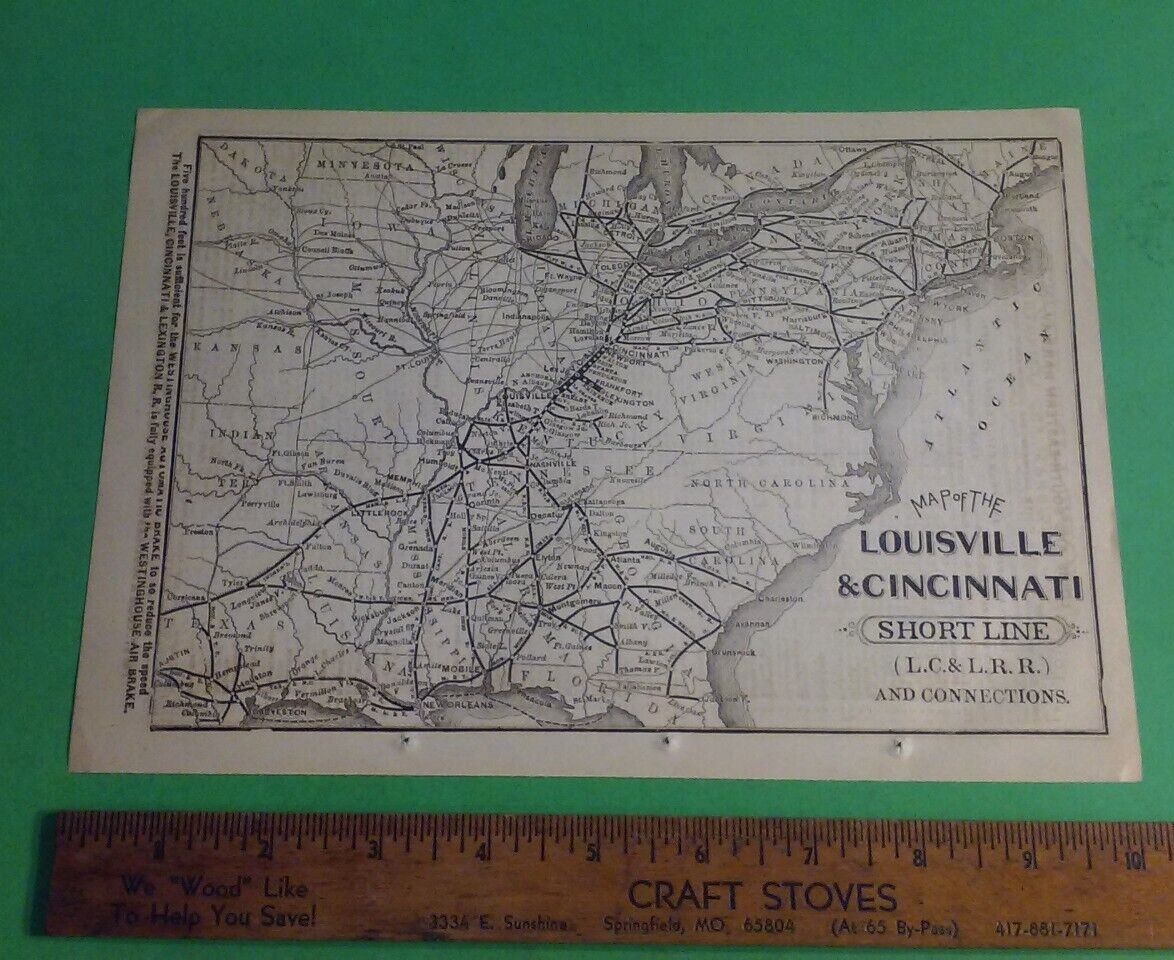 Rare 1876 LOUISVILLE & CINCINNATI Short Line Railroad & Connections Print Map