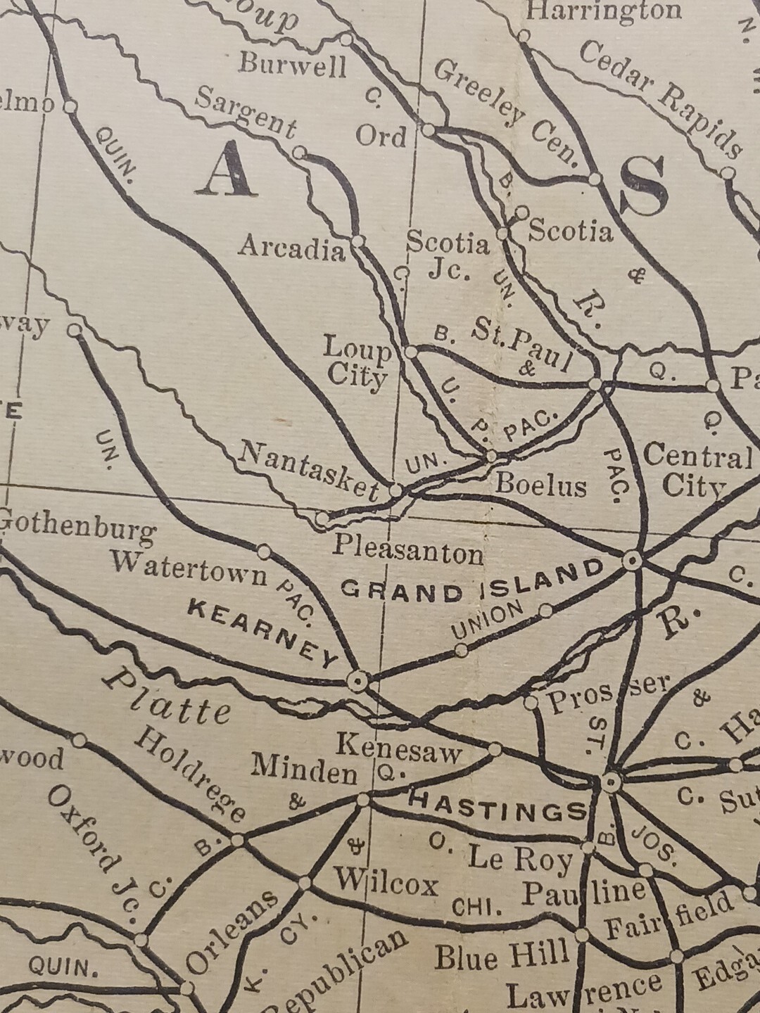 1902 Train Route Map NEBRASKA KANSAS All Railroad Lines Stations 11″×9″ Dated