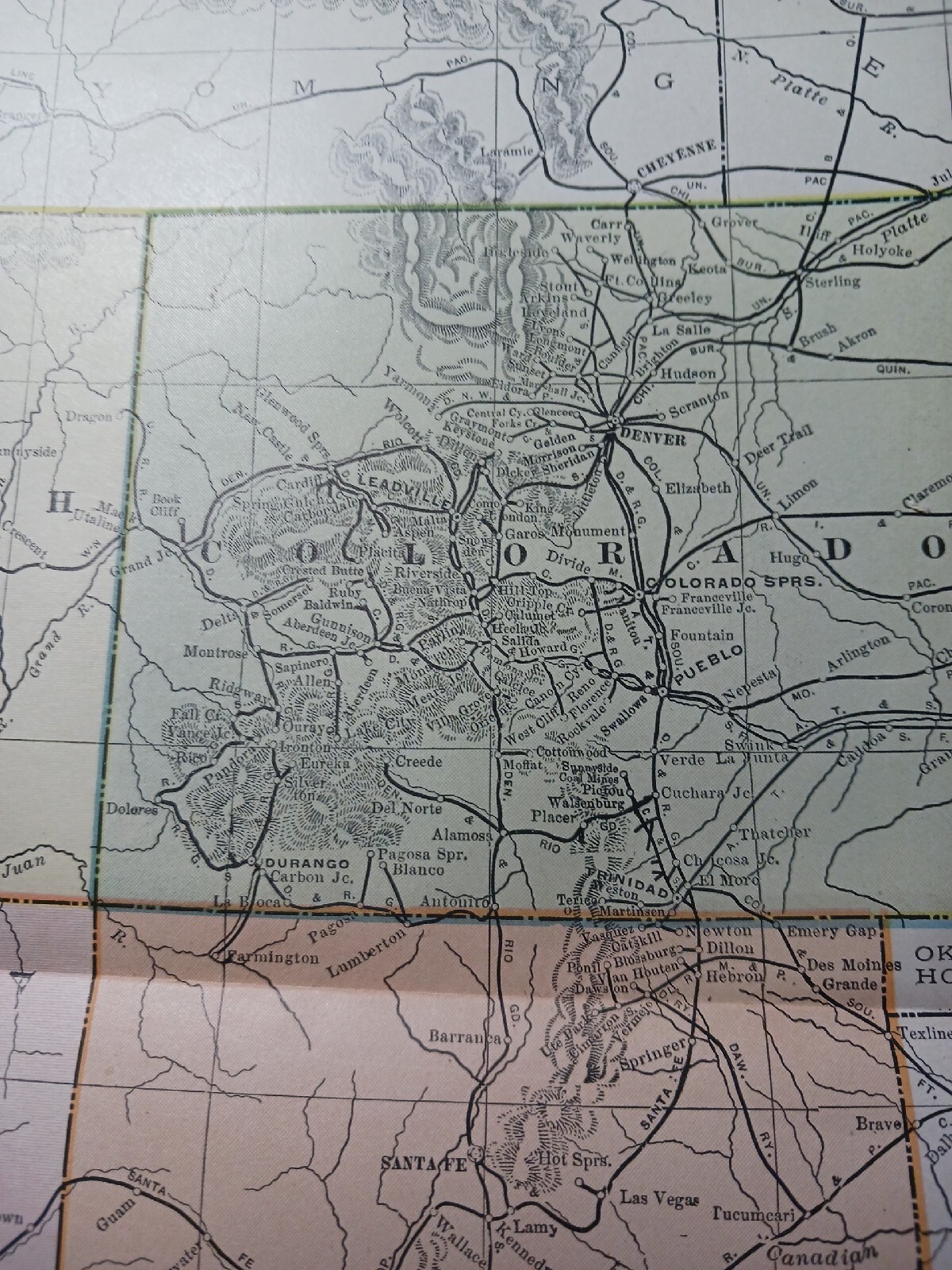Antique 1909 Railroad Route Map Colorado Utah Arizona all train Lines~ 9 X 11″