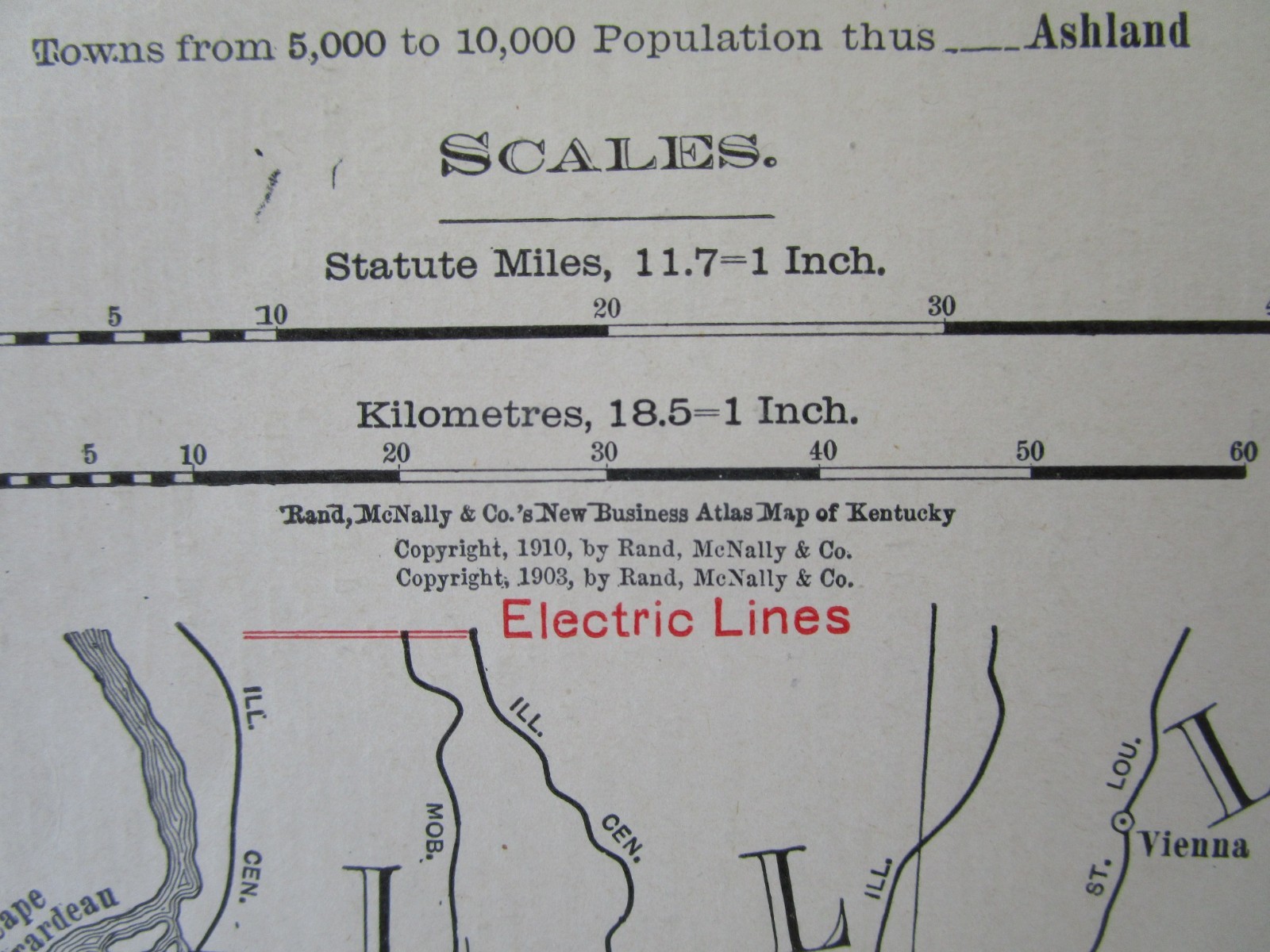 KY 1903, 1910 DATED KENTUCKY RAILROAD Map. McNally Business. INTERURBAN ELCTRIC