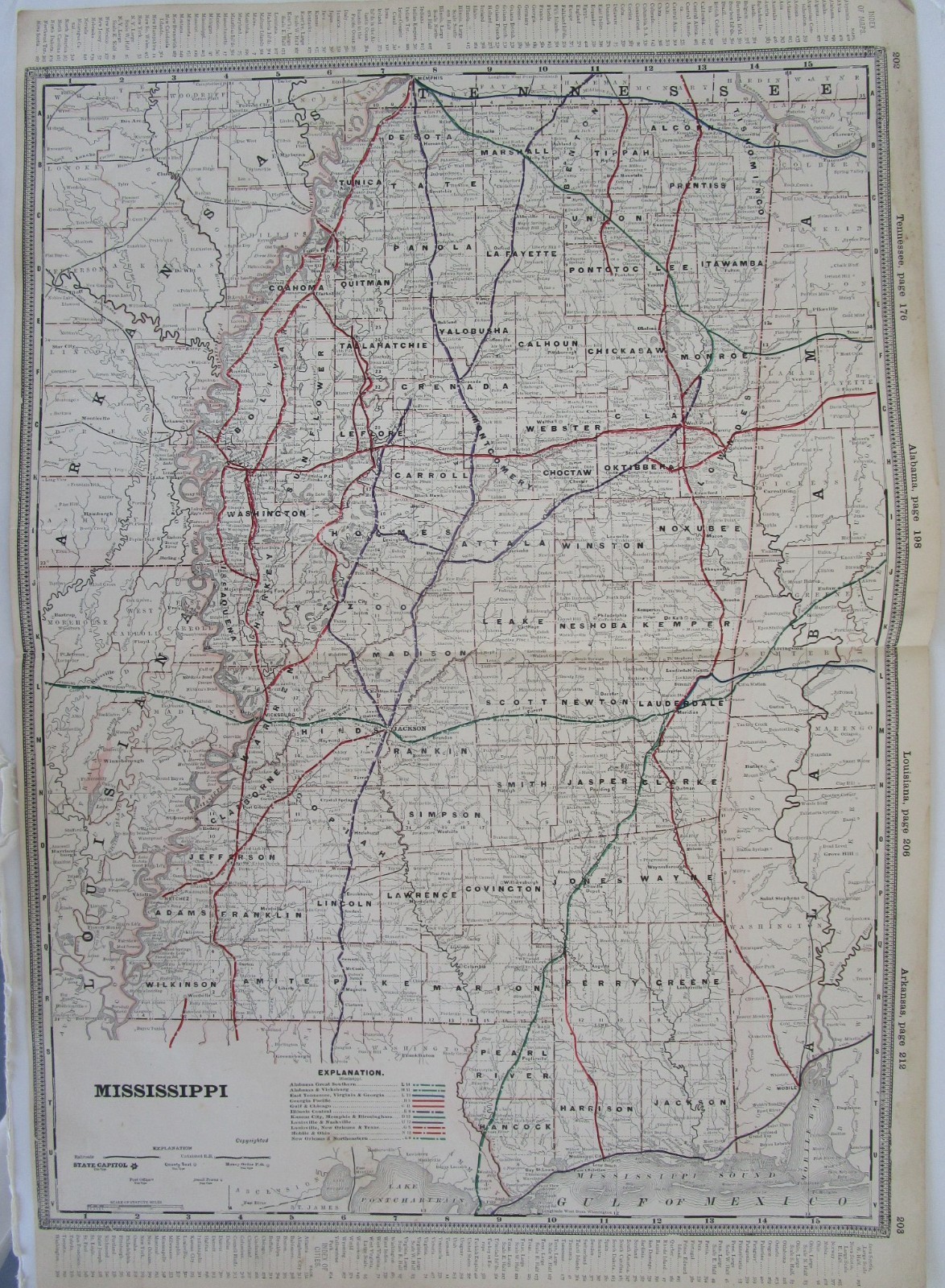 ANTIQUE MS 1891 MISSISSIPPI RAILROAD Map. Cram. NEW ORLEANS NORTHEASTERN RR