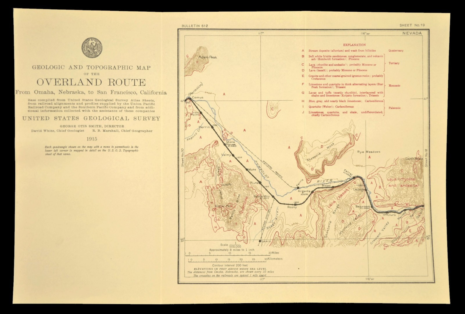 1915 Southern Pacific RR Map Beowawe Gate Nevada Hot Springs Crescent Valley