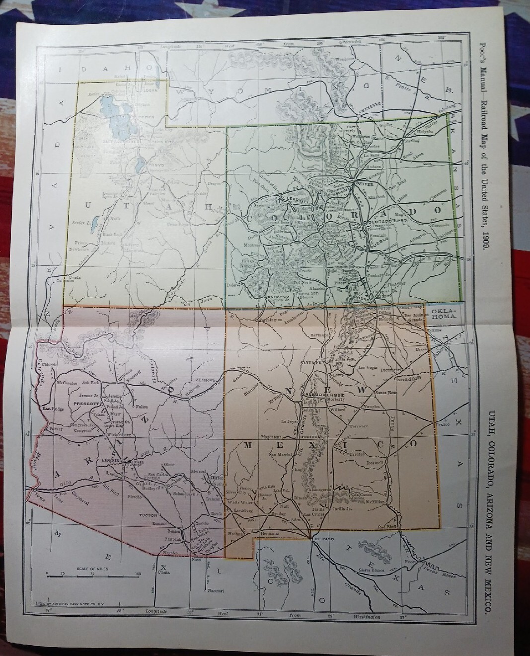 Antique 1909 Railroad Route Map Colorado Utah Arizona all train Lines~ 9 X 11″