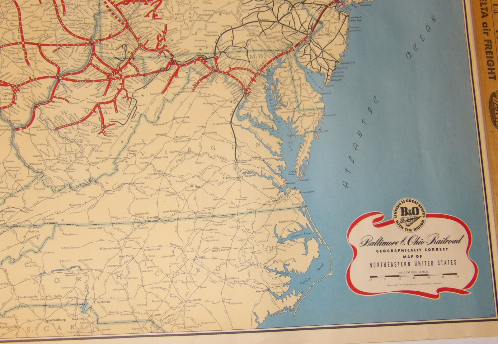 1950s B&O/BALTIMORE & OHIO RR GEOGRAPHICALLY CORRECT MAP/POSTER NORTHEASTERN USA
