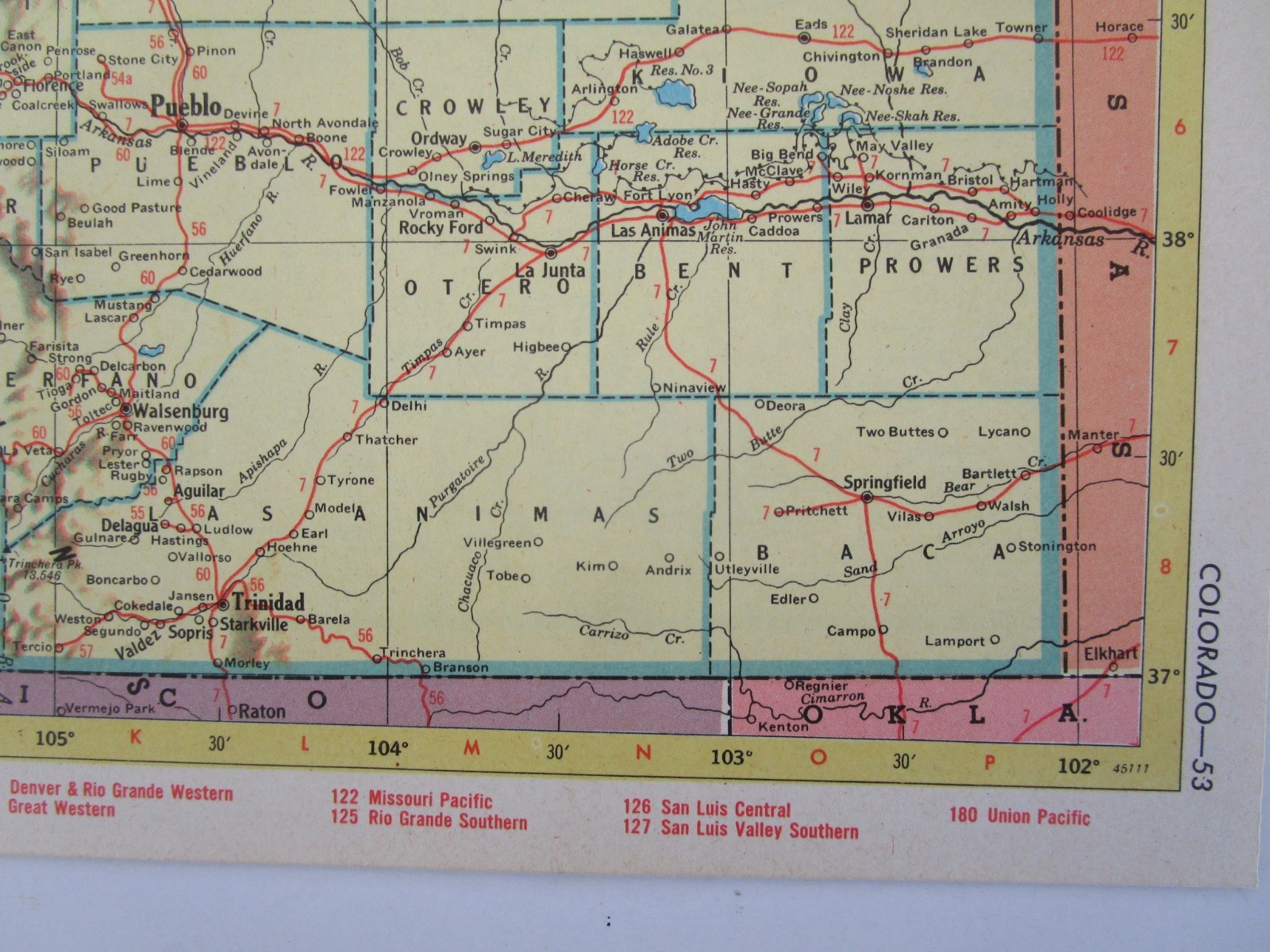 CO CT 1952 COLORADO TOPO RAILROAD Map SAN LUIS VALLEY CENTRAL RR or CONNECTICUT